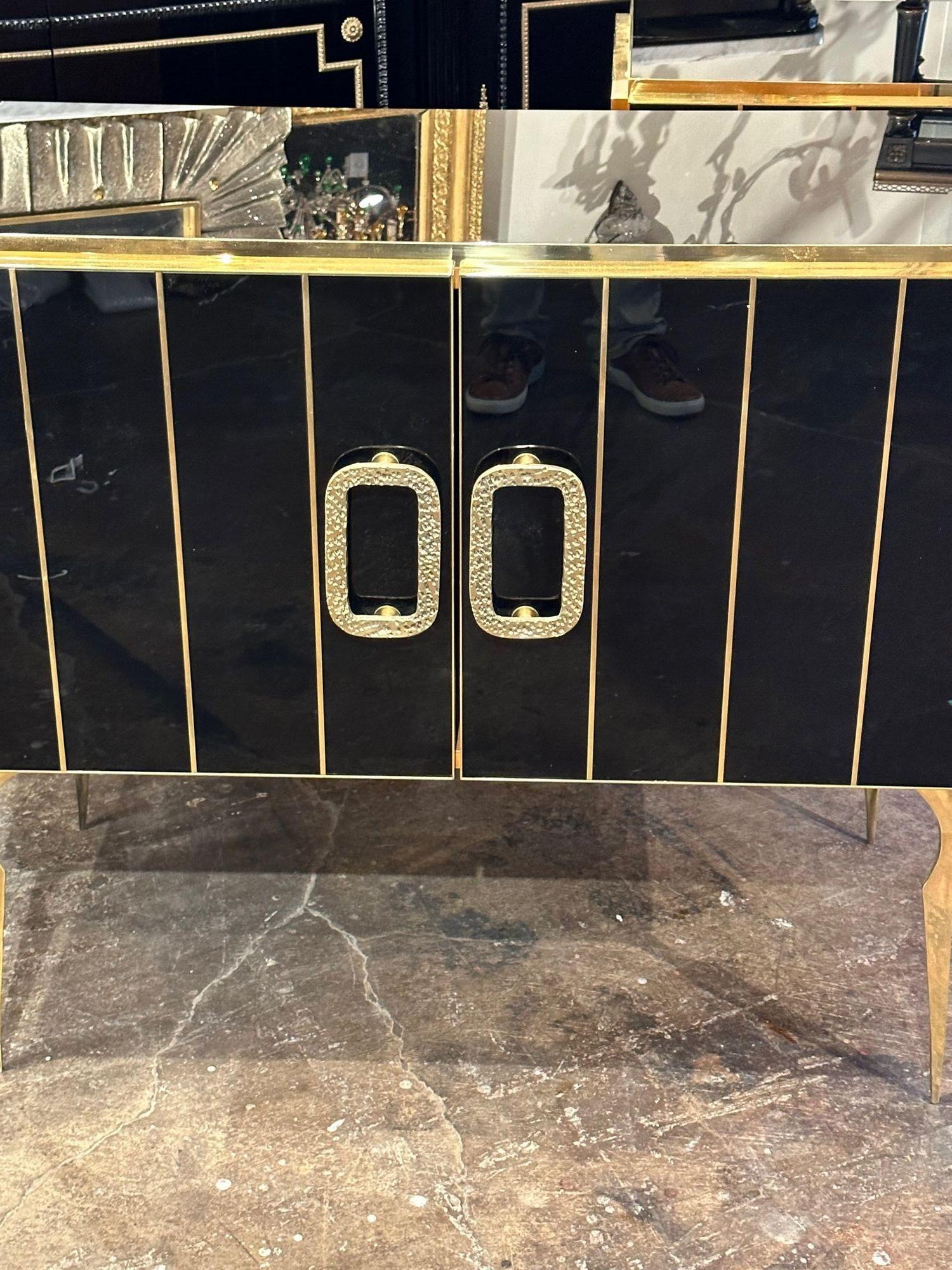 Contemporary Murano Black Glass and Brass Side Cabinet For Sale