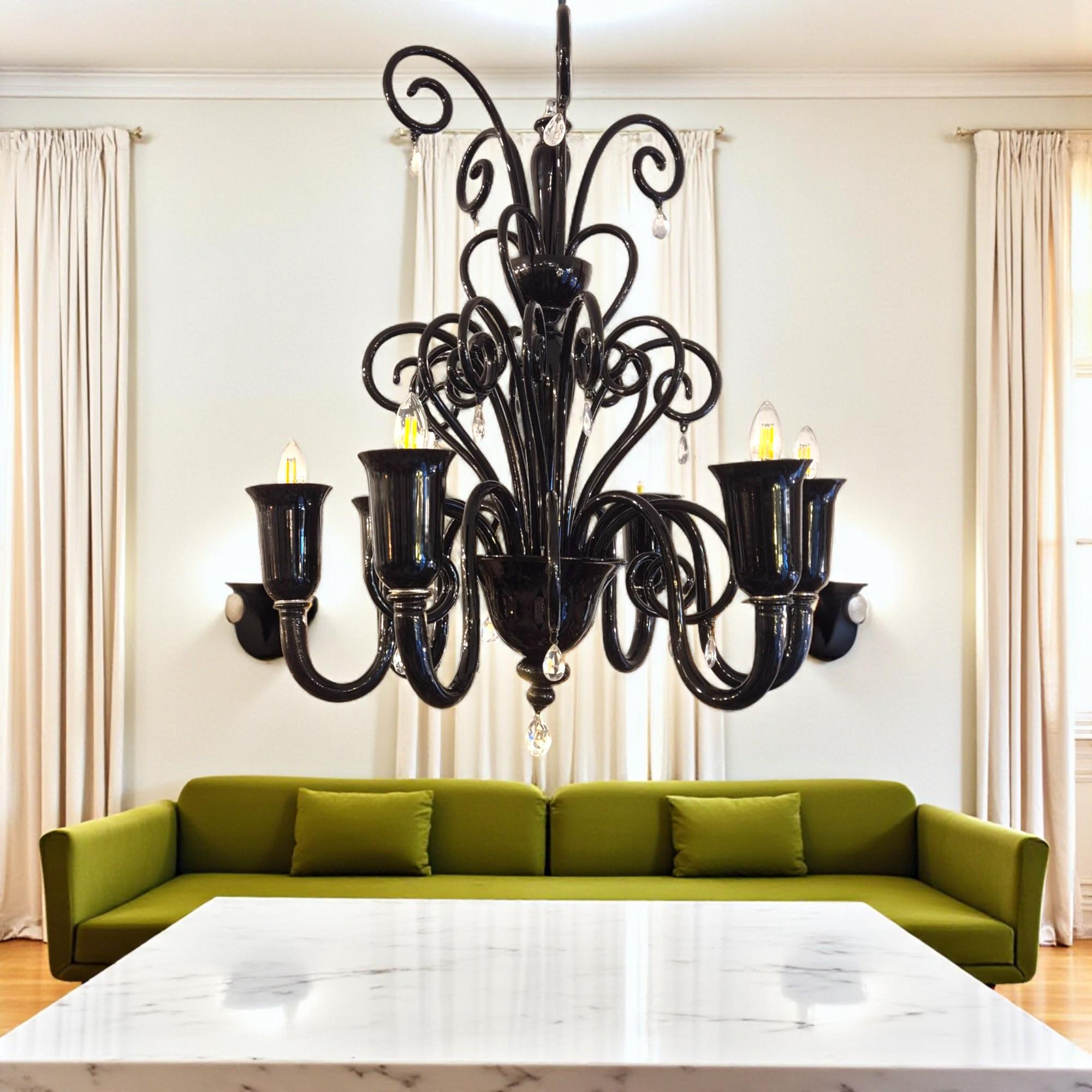 Fait main Lustre à 6 lumières en verre noir de Murano, par Gianni & Loris Signoretto pour Fendi en vente