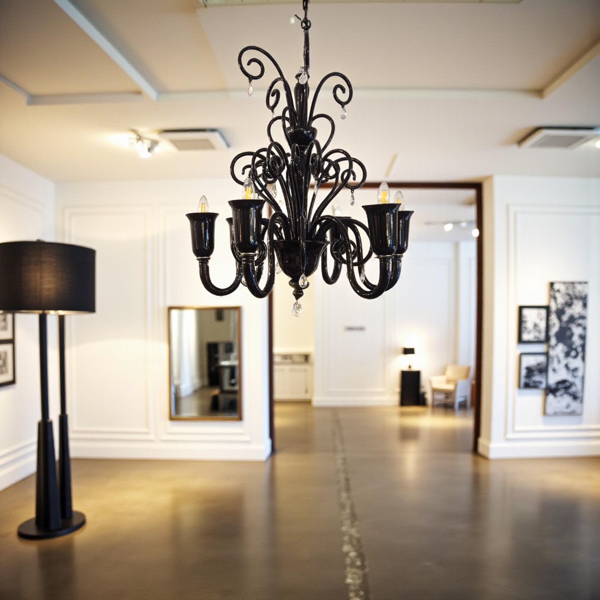 Lustre à 6 lumières en verre noir de Murano, par Gianni & Loris Signoretto pour Fendi Excellent état - En vente à NICE, FR