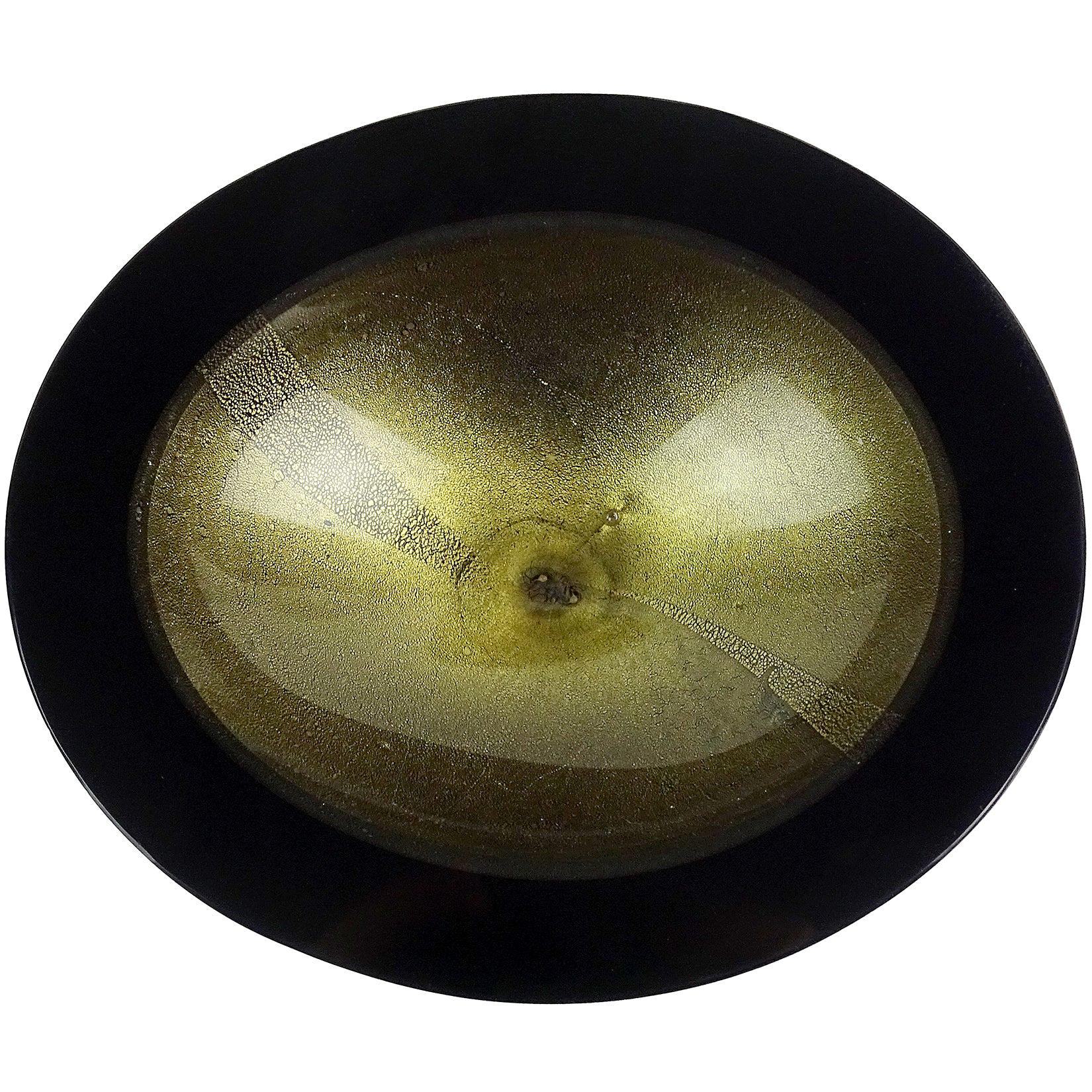 Murano Black Gold Flecks Italian Art Glass Vintage Midcentury Geode Bowl Dish