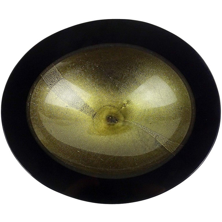 Murano Black Gold Flecks Italian Art Glass Vintage Midcentury Geode Bowl Dish For Sale