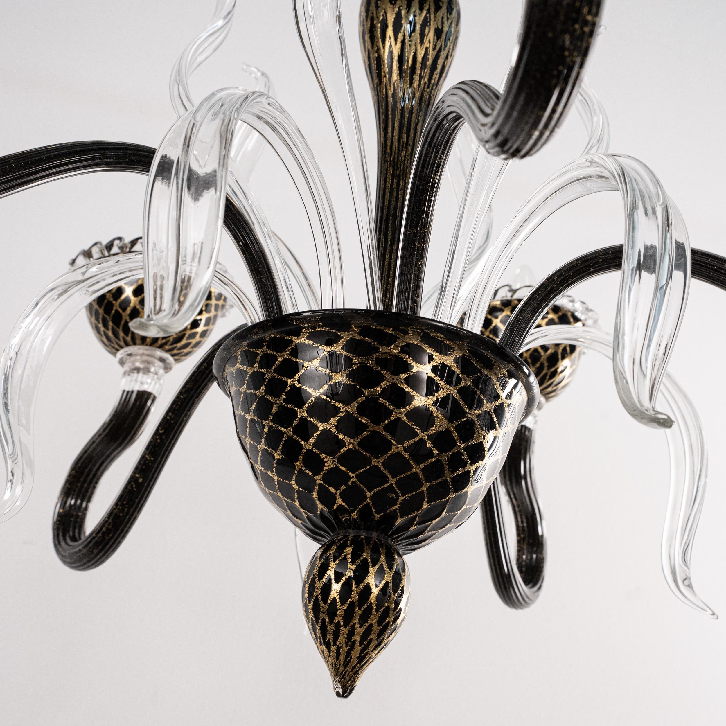 Murano Schwarz Gold Glas Kronleuchter 5 Lichter Vintage Made in Italy auf Lager (Italienisch) im Angebot