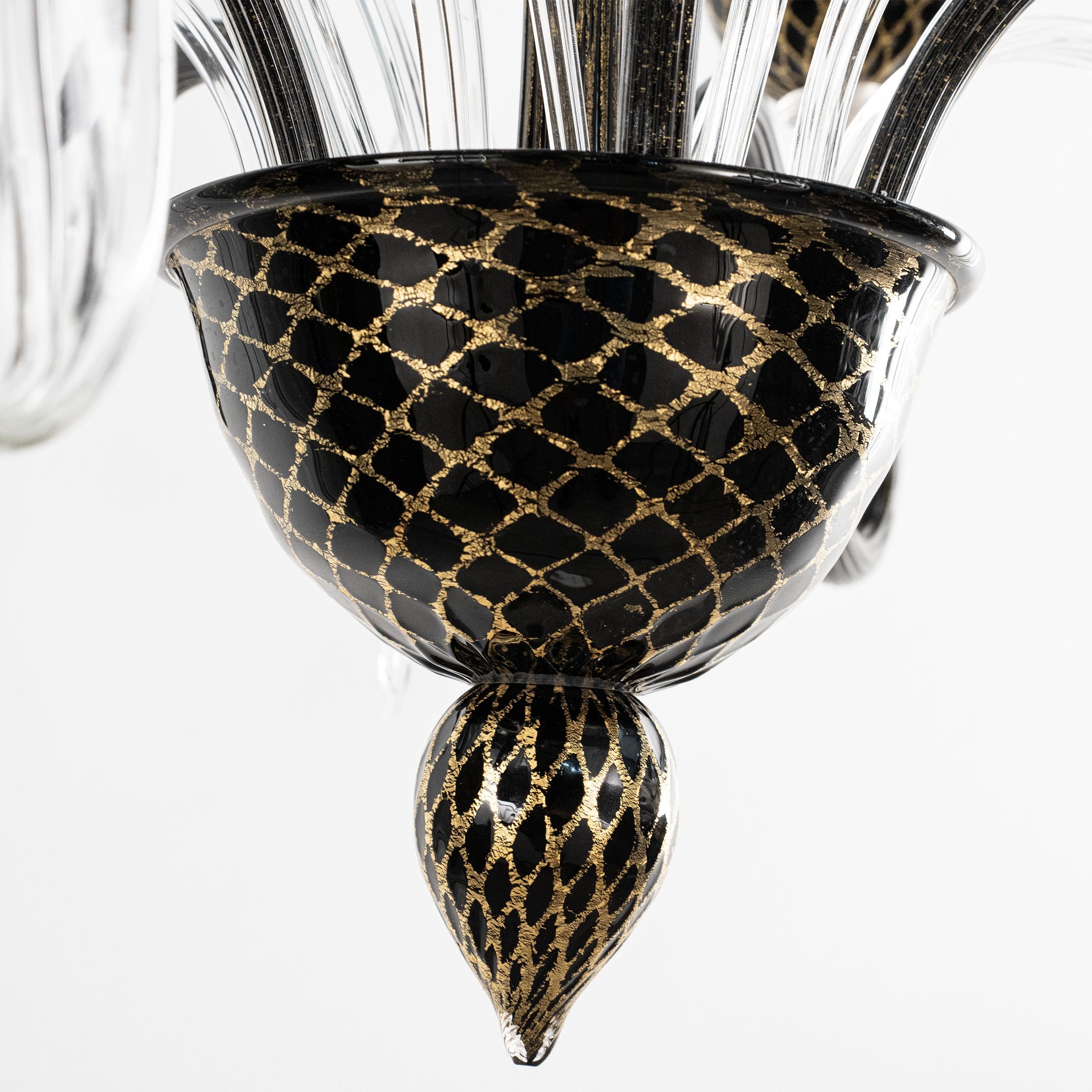Murano Schwarz Gold Glas Kronleuchter 5 Lichter Vintage Made in Italy auf Lager (Messing) im Angebot