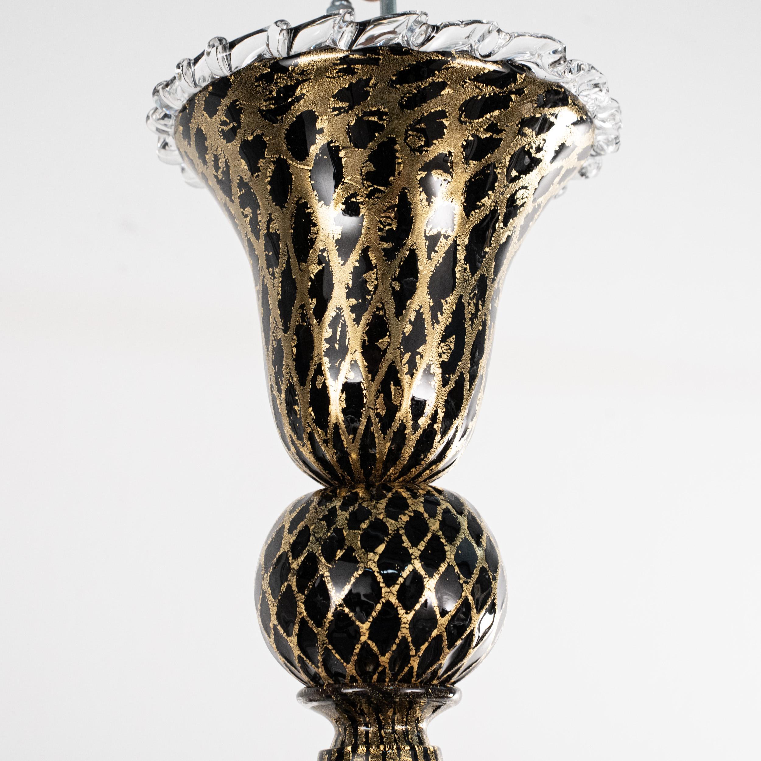 Murano Schwarz Gold Glas Kronleuchter 5 Lichter Vintage Made in Italy auf Lager im Angebot 1