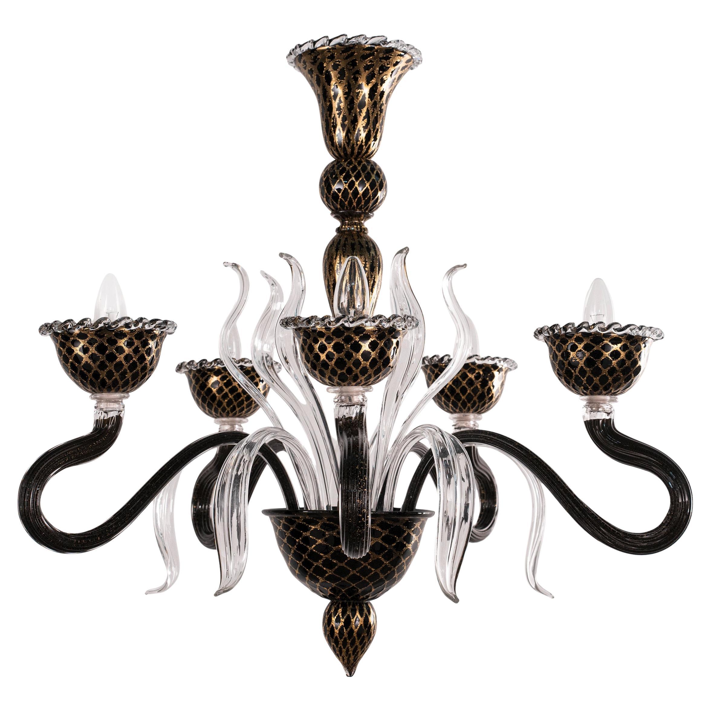 Lampadario di Murano in vetro oro nero a 5 luci Vintage Made in Italy in stock
