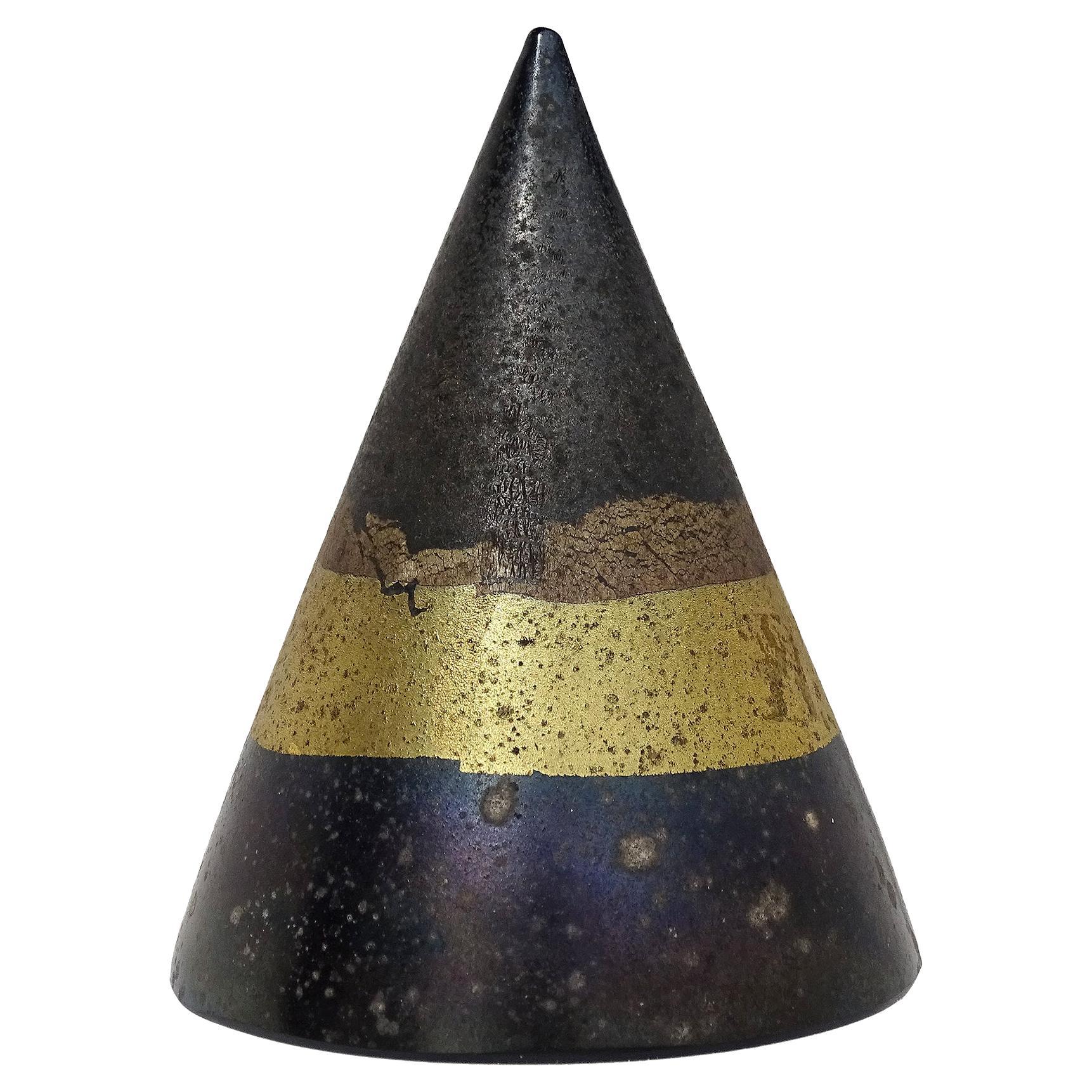 Murano Black Gold Leaf Iridescent Surface Italian Art Glass Pyramid Paperweight