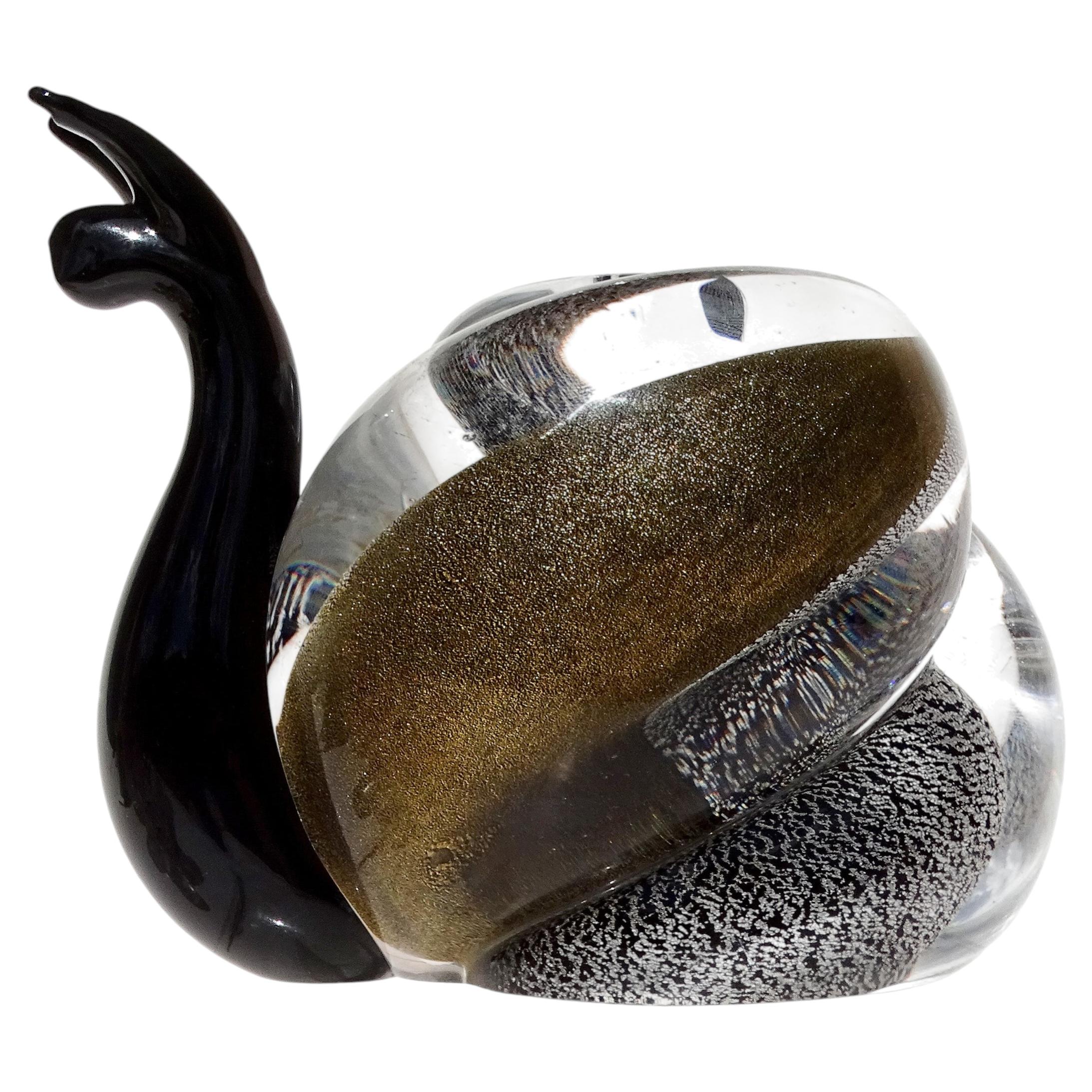 Murano Black Gold Silver Flecks Italian Art Glass Snail Figurine Paperweight