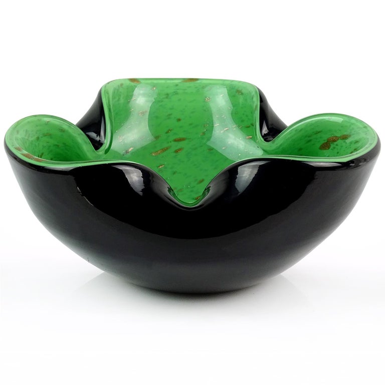 Mid-Century Modern Murano Black Green Copper Aventurine Flecks Italian Art Glass Bowl Ashtray