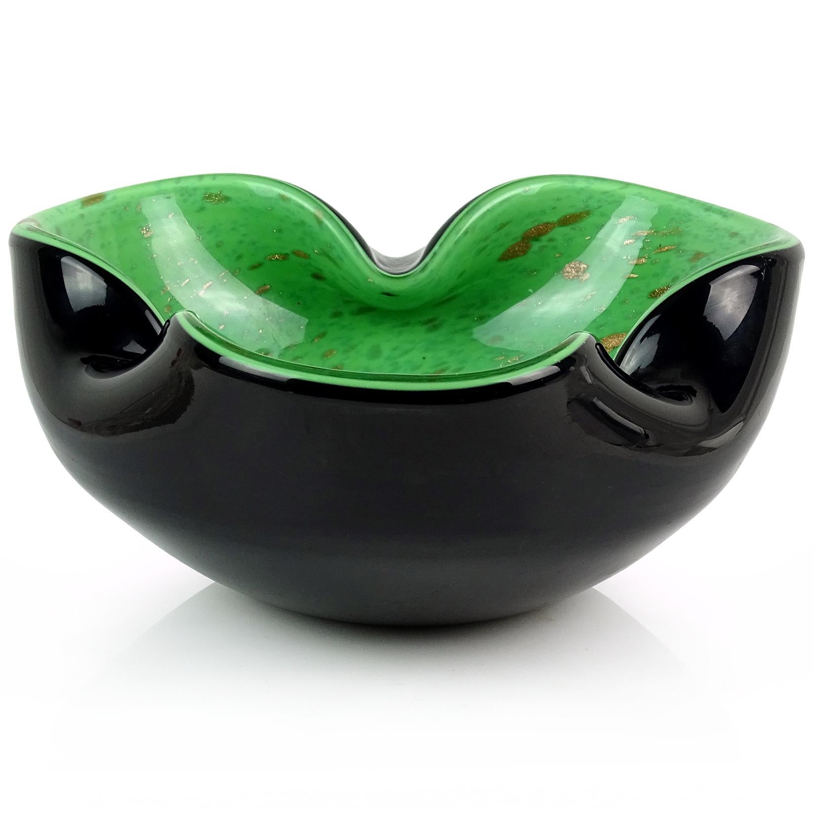 Hand-Crafted Murano Black Green Copper Aventurine Flecks Italian Art Glass Bowl Ashtray