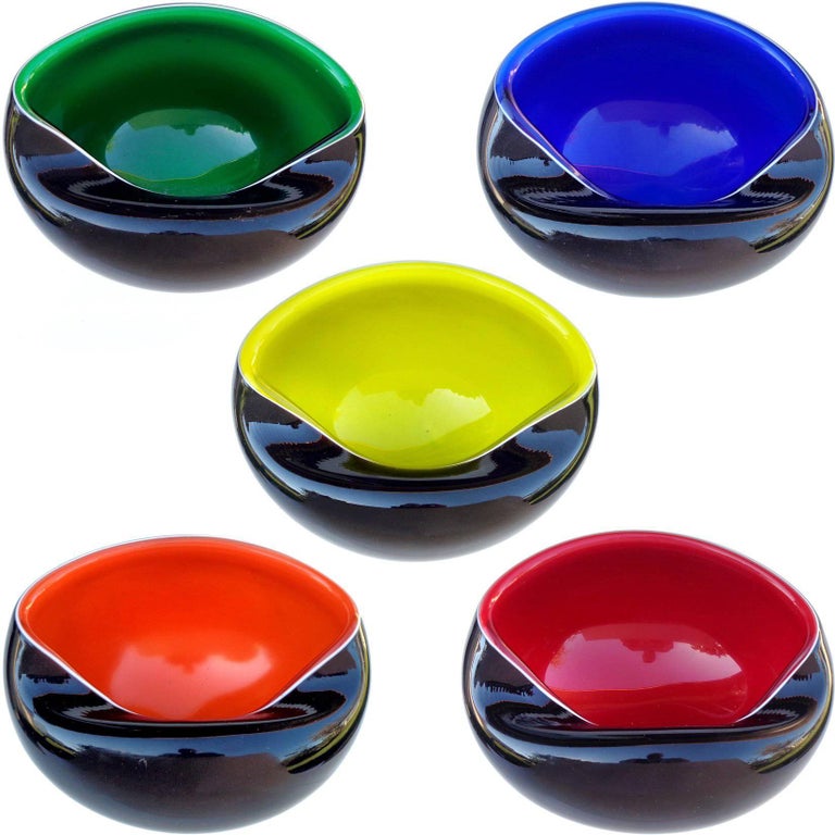Murano Black over Rainbow Colors Italian Art Glass Decorative Bowls Nut