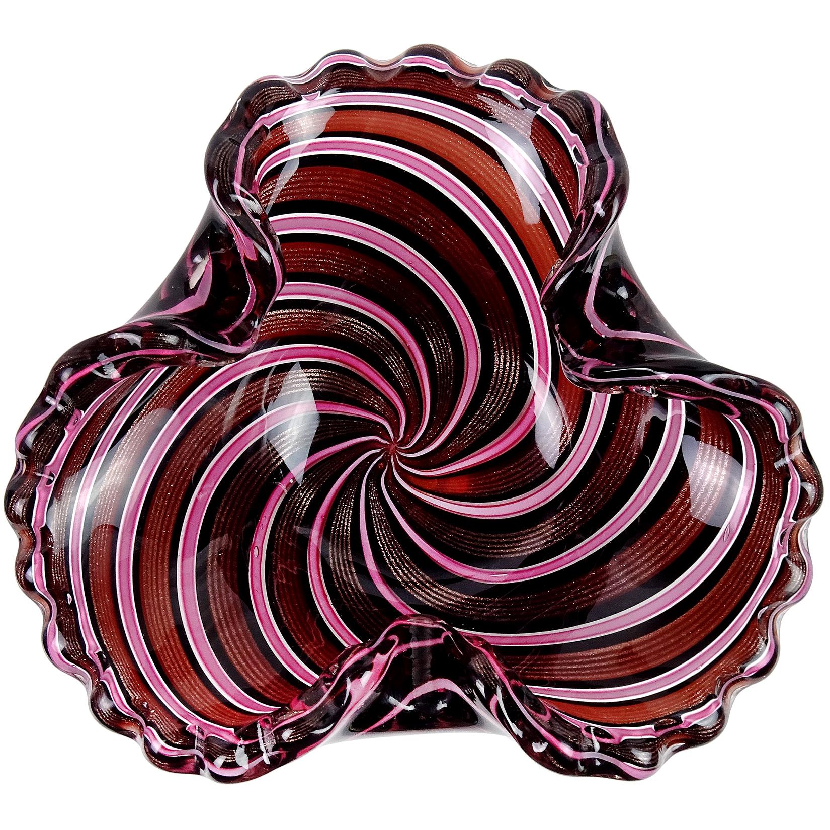 Murano Black Pink Copper Aventurine Ribbons Italian Art Glass Crimped Rim Bowl