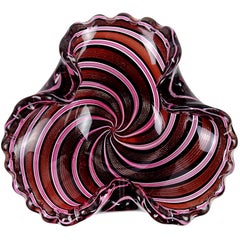 Murano Black Pink Copper Aventurine Ribbons Italian Art Glass Crimped Rim Bowl