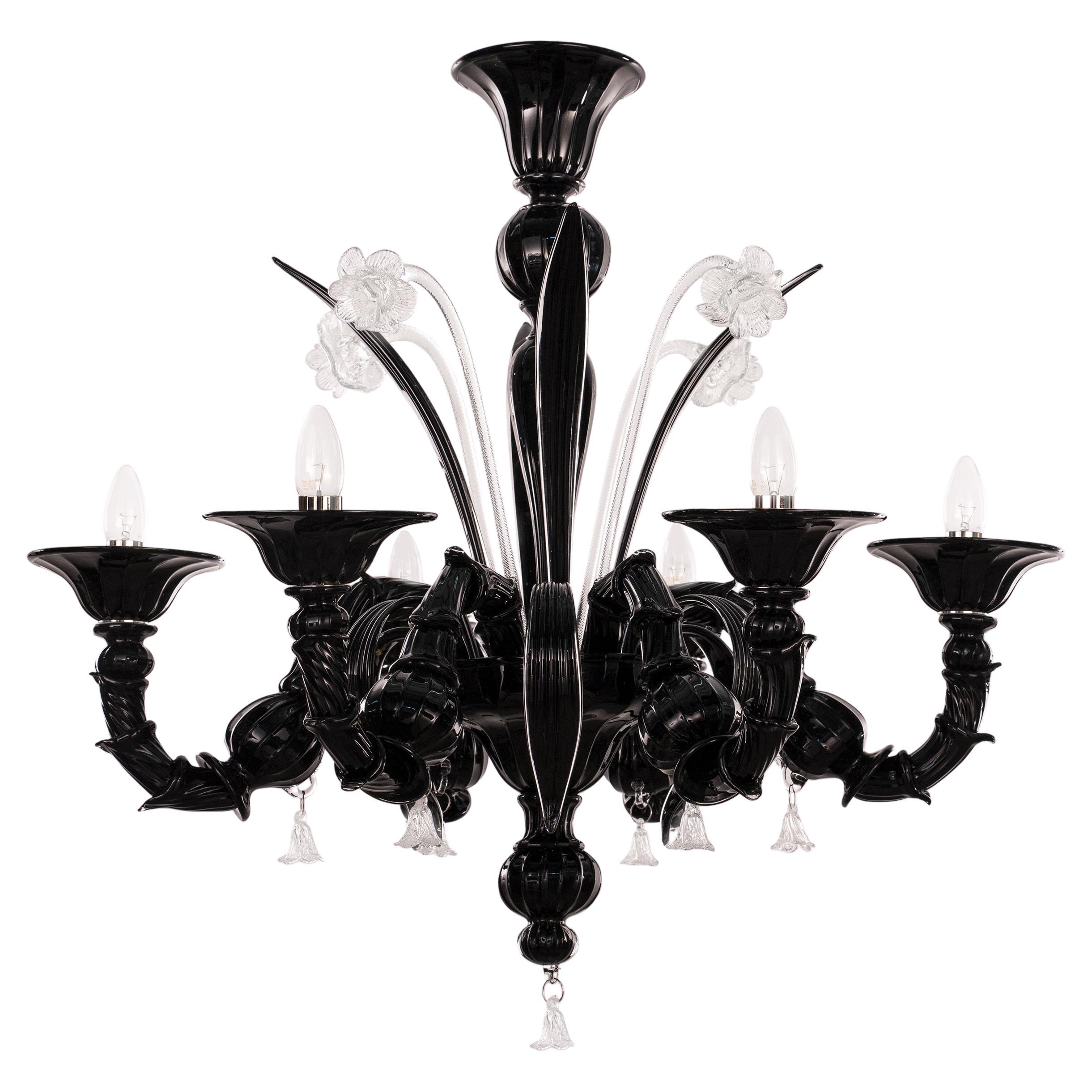 Lampadario in vetro di Murano Rezzonico nero a 6 luci, Vintage Made in Italy in stock
