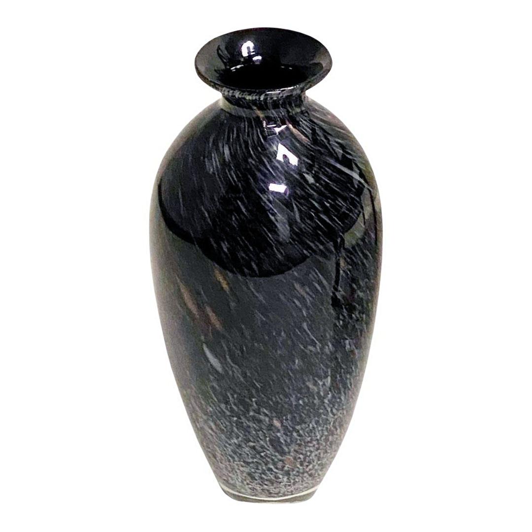 A mid century Murano style black art glass vase with silver and gold. 20th century, Italian hand blown with beautiful high gloss. Not signed. 20th century, Italy.