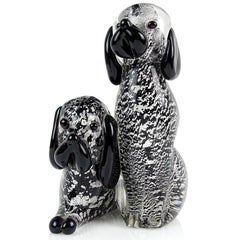 Sculpture en verre d'art italien de Murano avec double chiot et mouchetures argentées