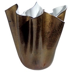 Vintage Murano Black White Gold Flecks Italian Art Glass Fazzoletto Sculptural Vase