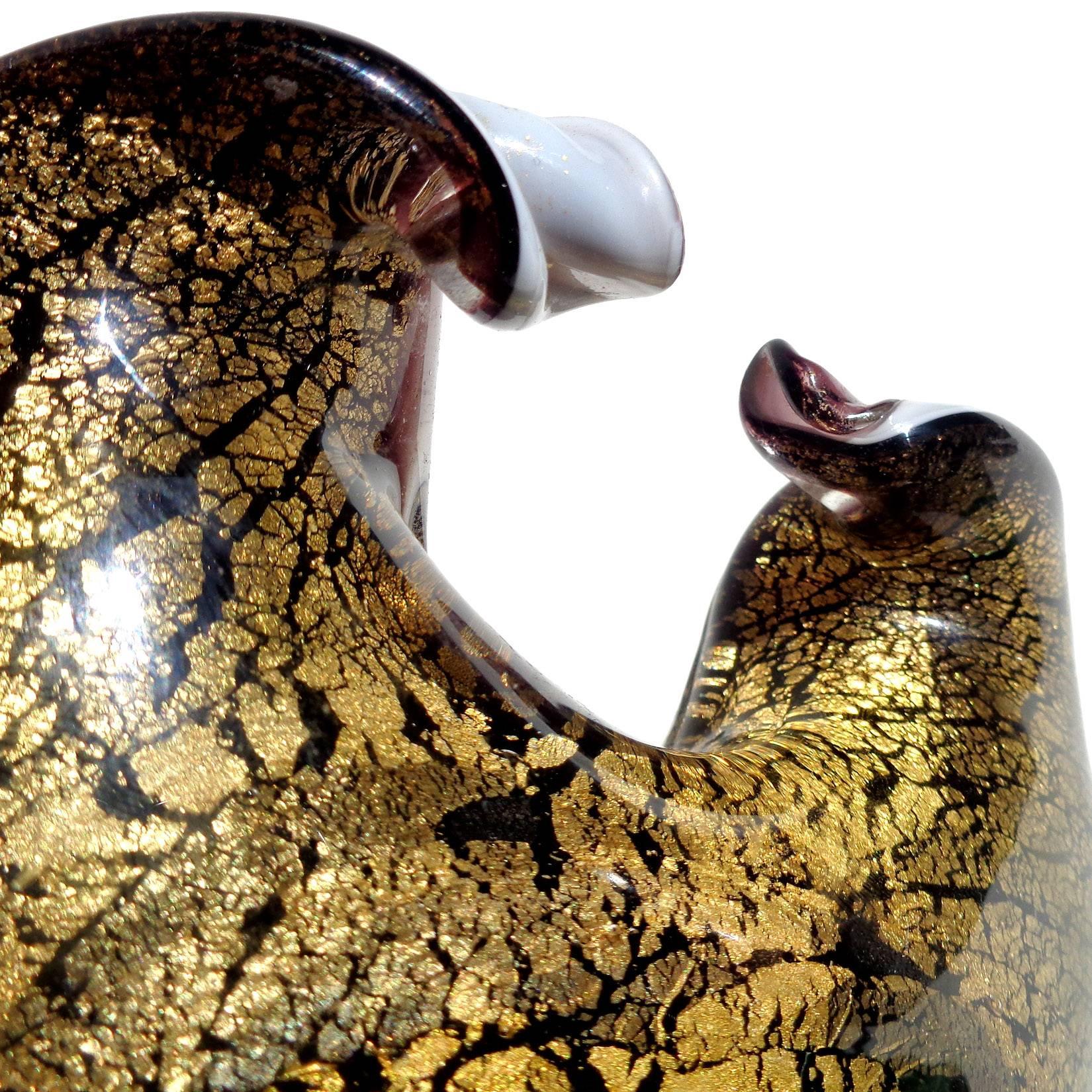 Mid-Century Modern Murano Black White Heavy Gold Flecks Italian Art Glass Seashell Bowl Dish