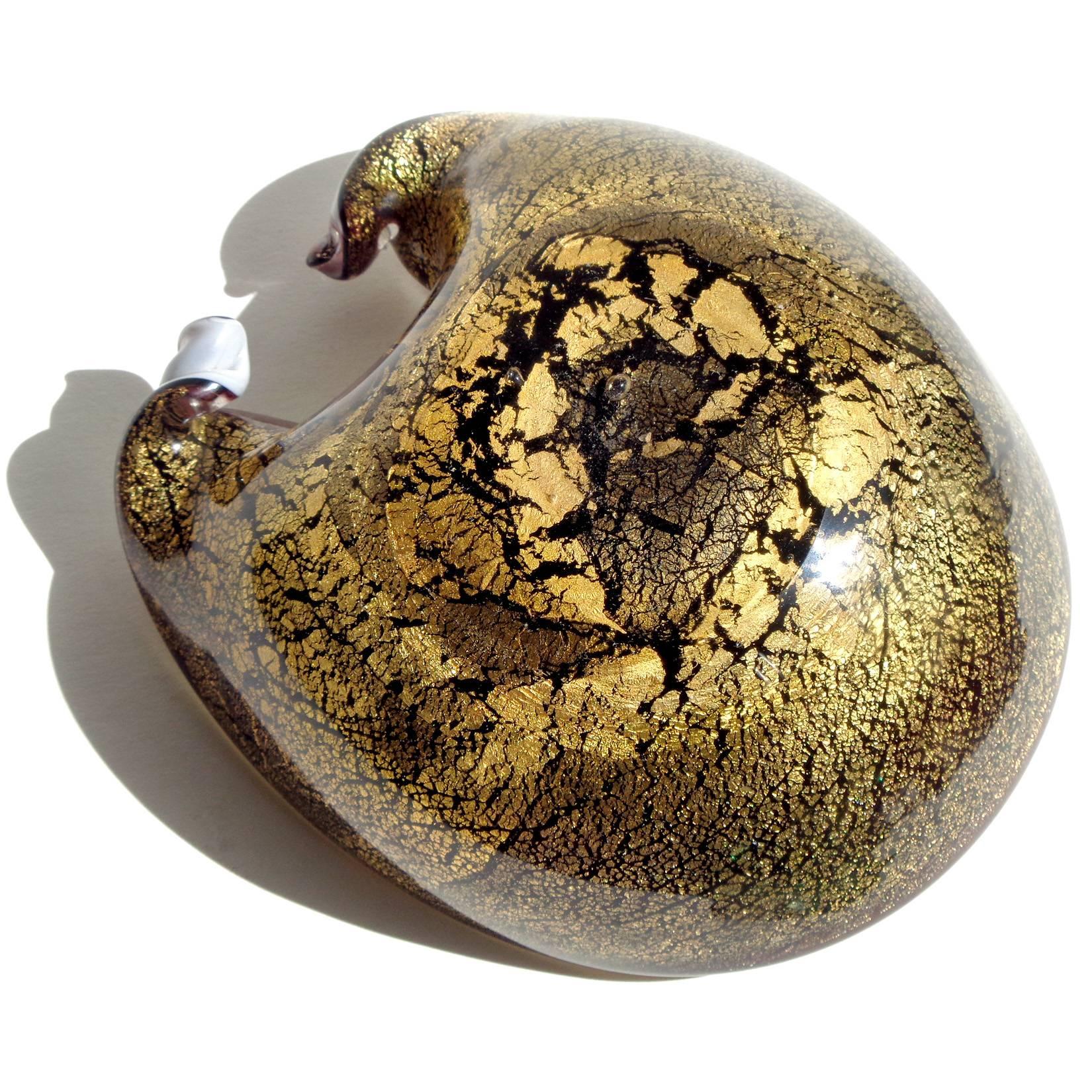 Hand-Crafted Murano Black White Heavy Gold Flecks Italian Art Glass Seashell Bowl Dish