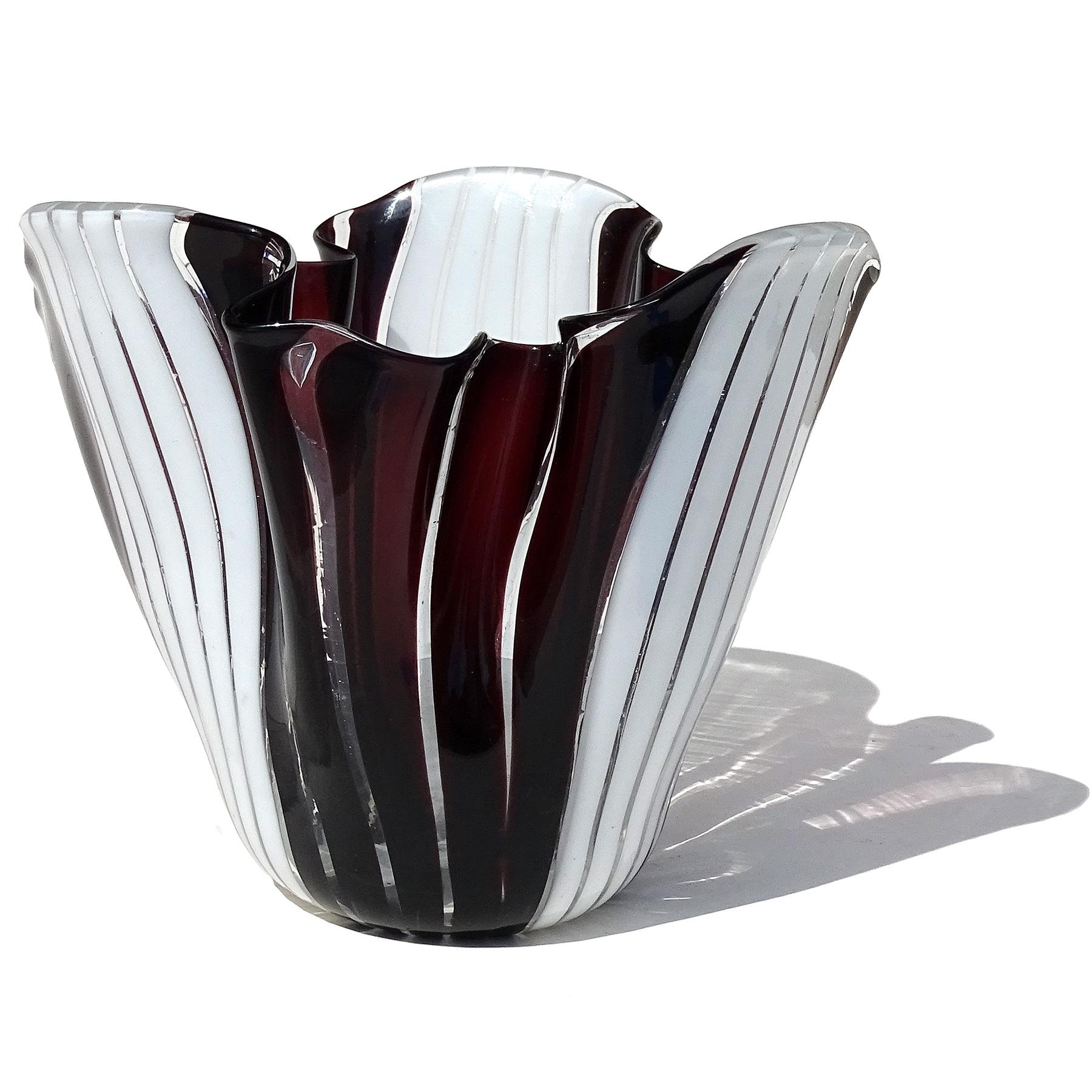 Mid-Century Modern Murano Black White Stripes Italian Art Glass Sculptural Fazzoletto Flower Vase For Sale
