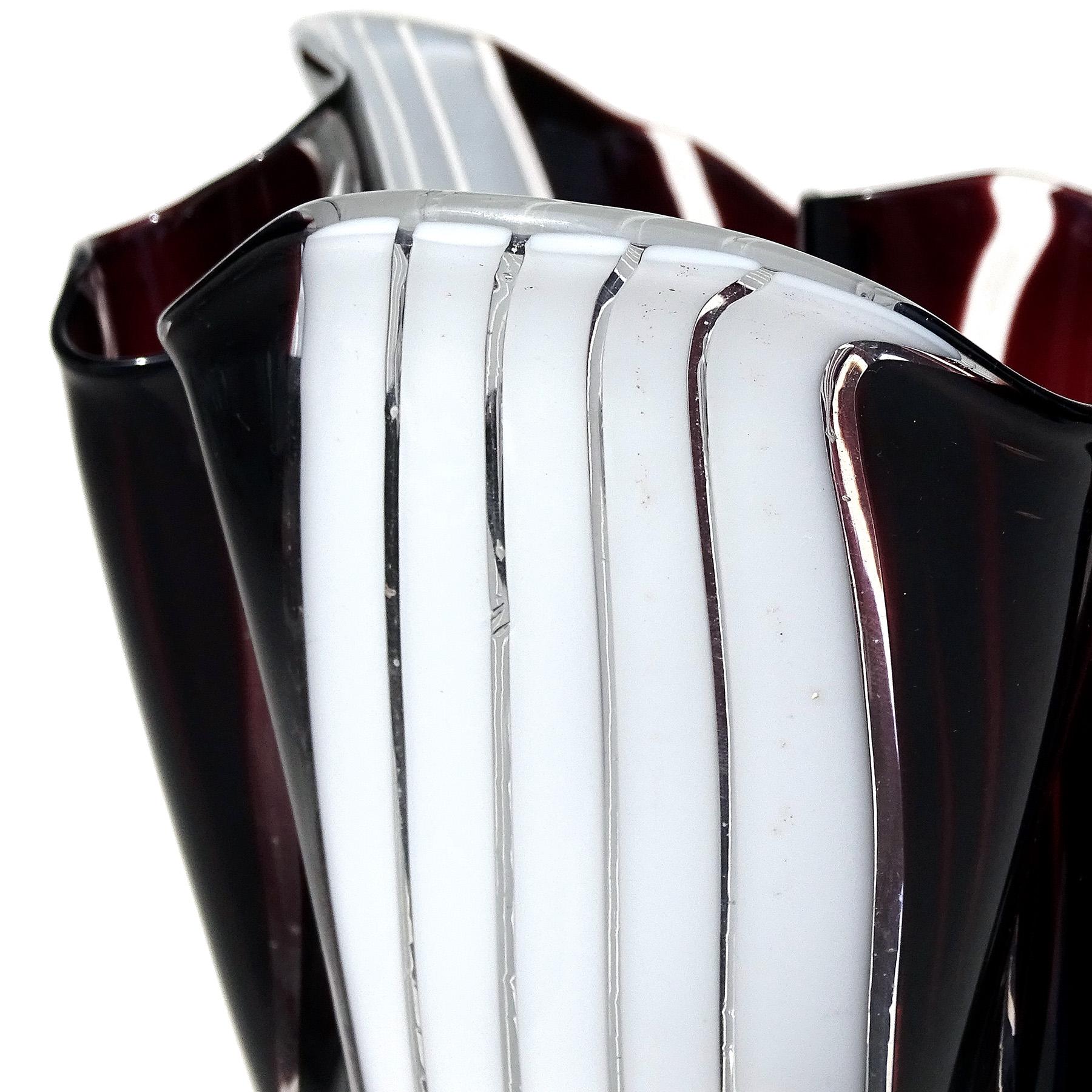 Murano Black White Stripes Italian Art Glass Sculptural Fazzoletto Flower Vase For Sale 1