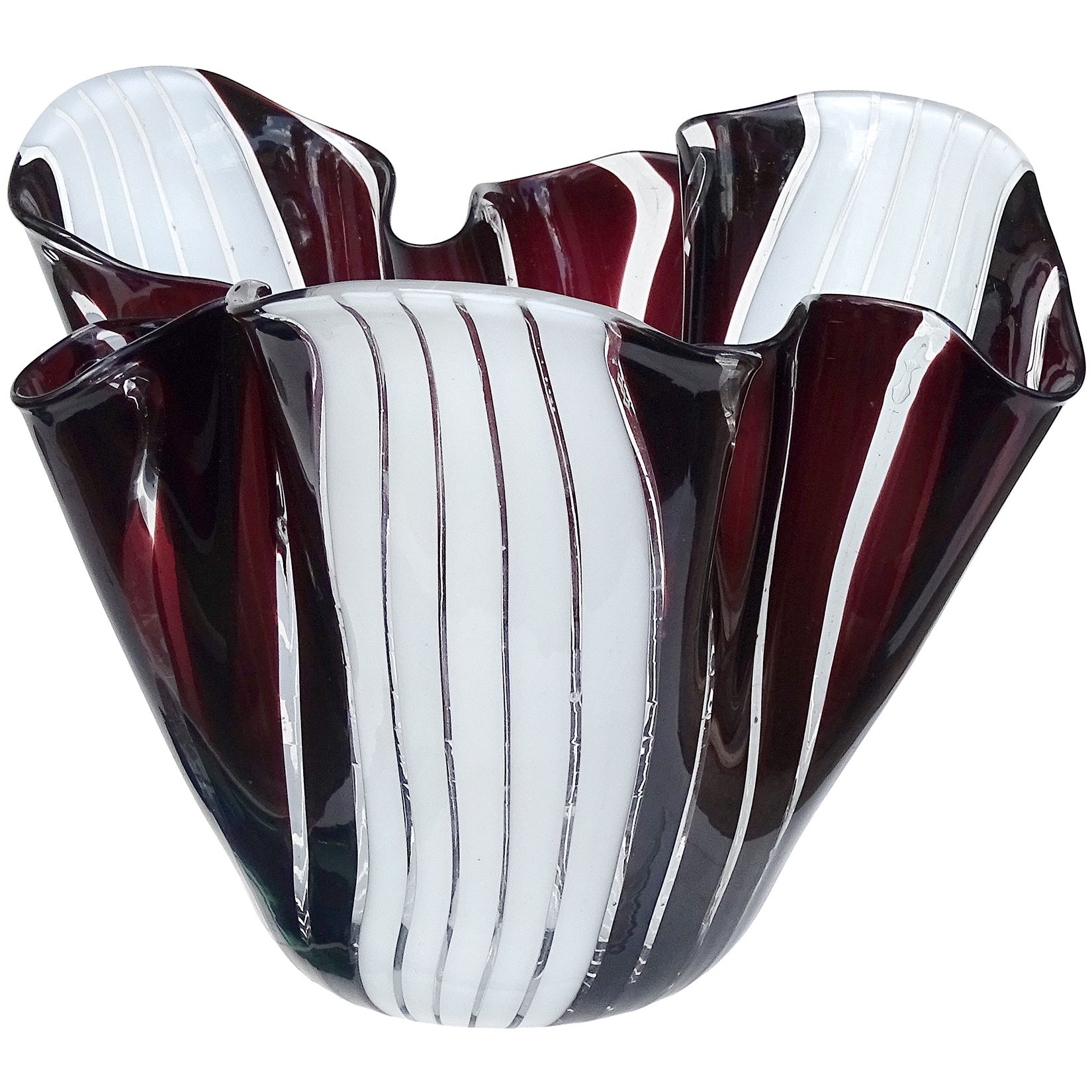 Murano Black White Stripes Italian Art Glass Sculptural Fazzoletto Flower Vase For Sale
