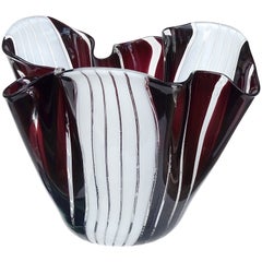 Murano Black White Stripes Italian Art Glass Sculptural Fazzoletto Flower Vase