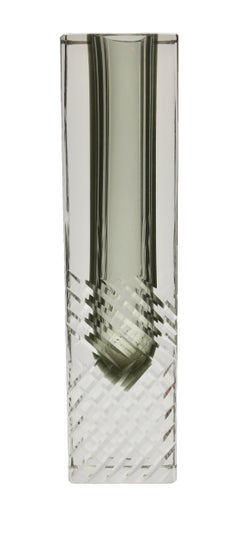 Murano Block Vase in Smokey Anthracite Handcut with Diagonal Lines