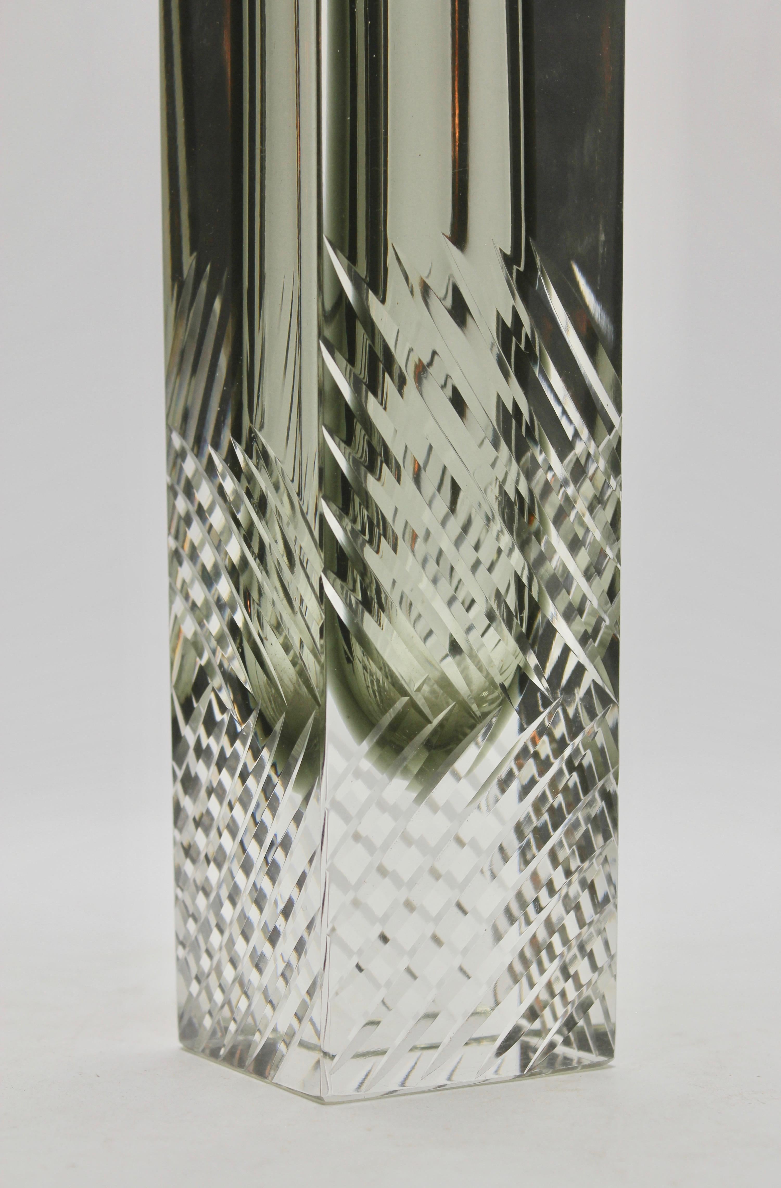 Crystal Murano Block Vase in Smokey Anthracite Handcut with Diagonal Lines For Sale