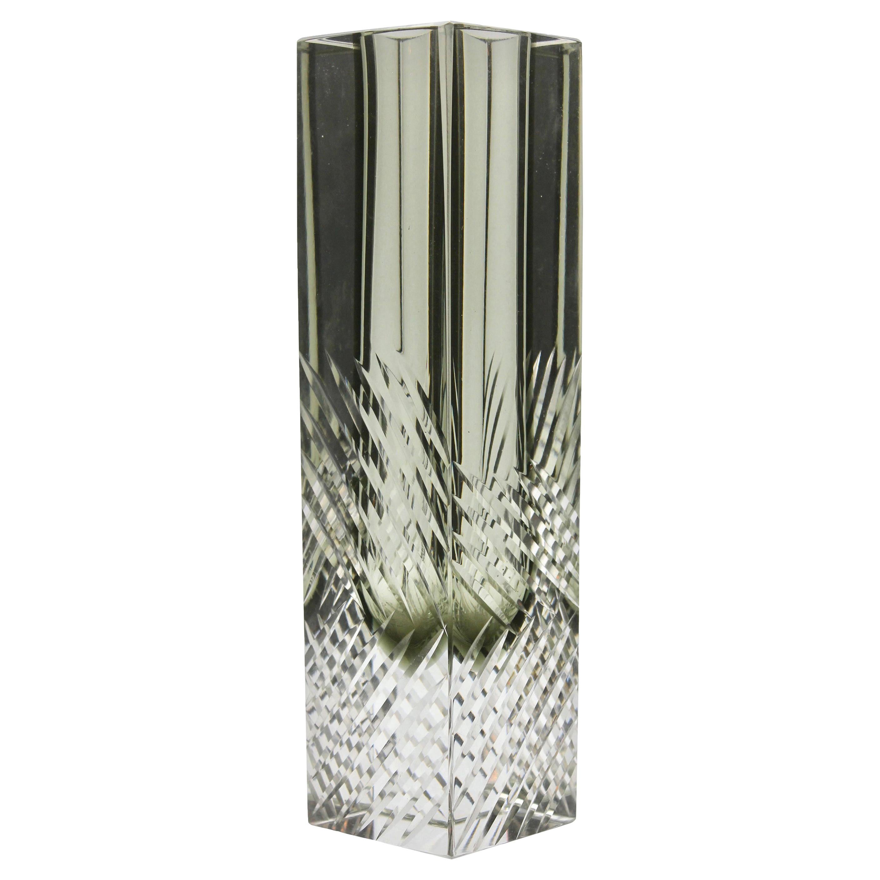 Murano Block Vase in Smokey Anthracite Handcut with Diagonal Lines For Sale