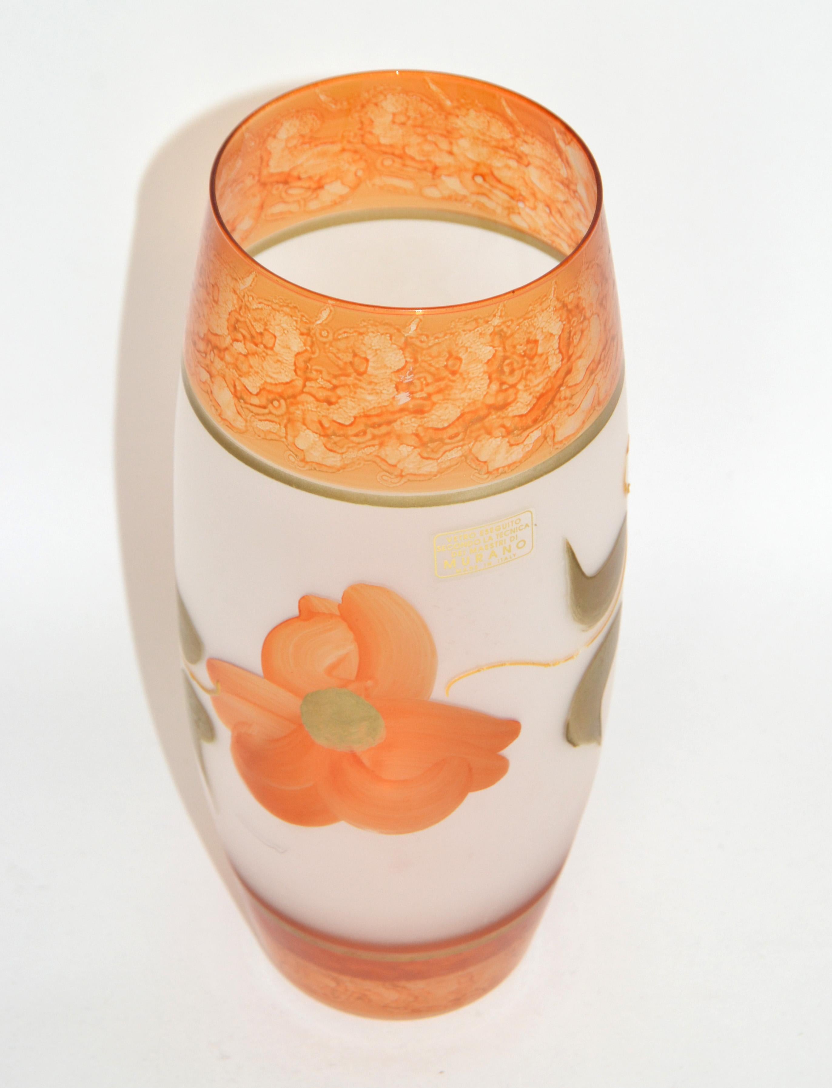 Murano frosted blown art glass vase in orange and Gold Leaf hand painted glass from Italy.
The opening with 3.5 inches width is for a little bouquet of flowers.
Makers Mark Foil label at the Top, Made in Italy.
Mid-Century Modern unique glass art