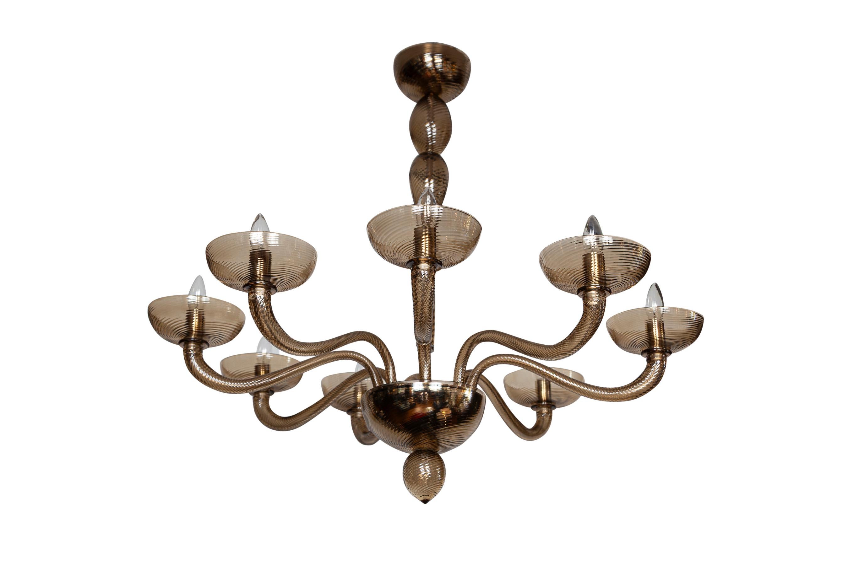 Italian Murano Blown Eight Arm Tobacco Swirl Chandelier For Sale