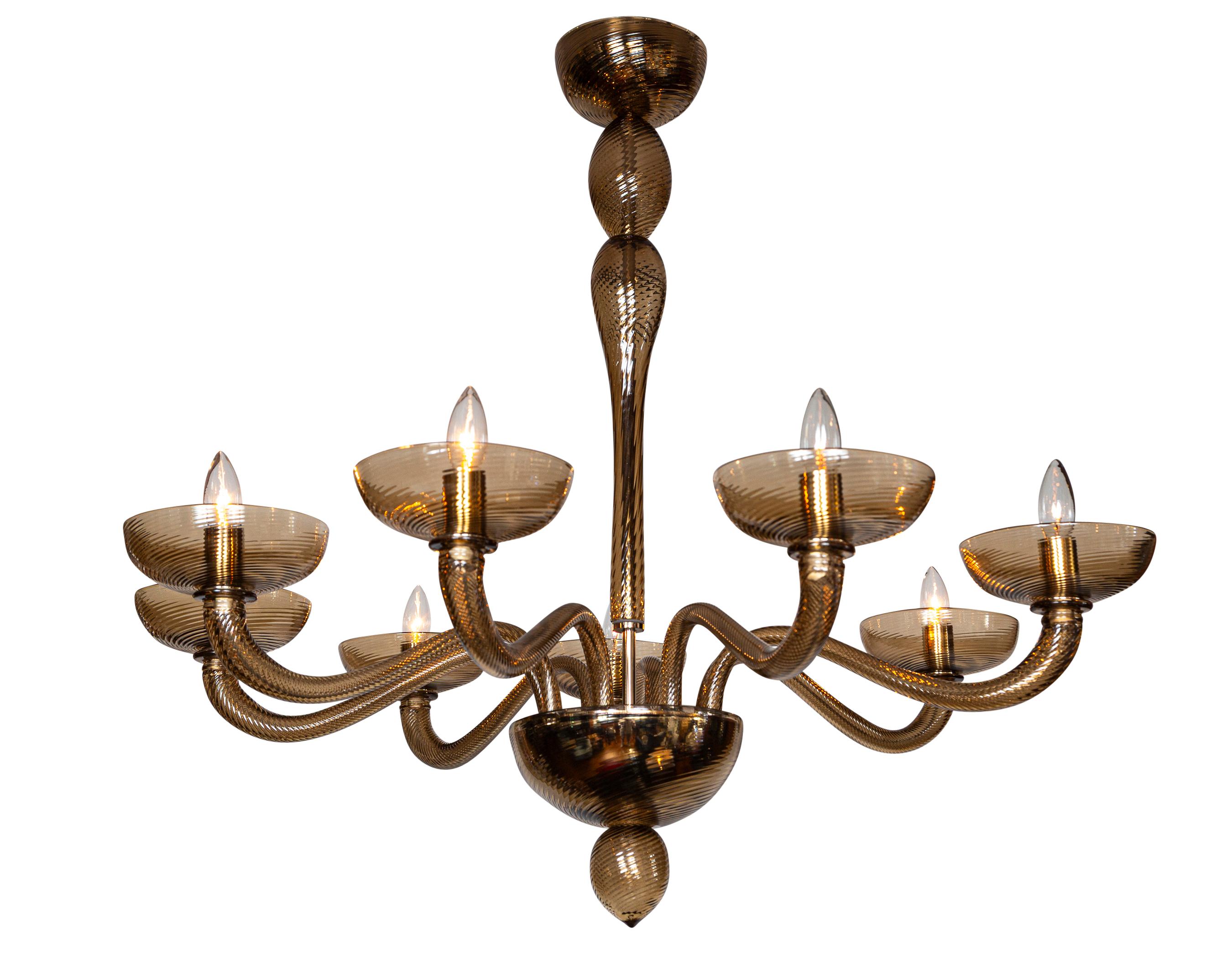 Contemporary Murano Blown Eight Arm Tobacco Swirl Chandelier For Sale