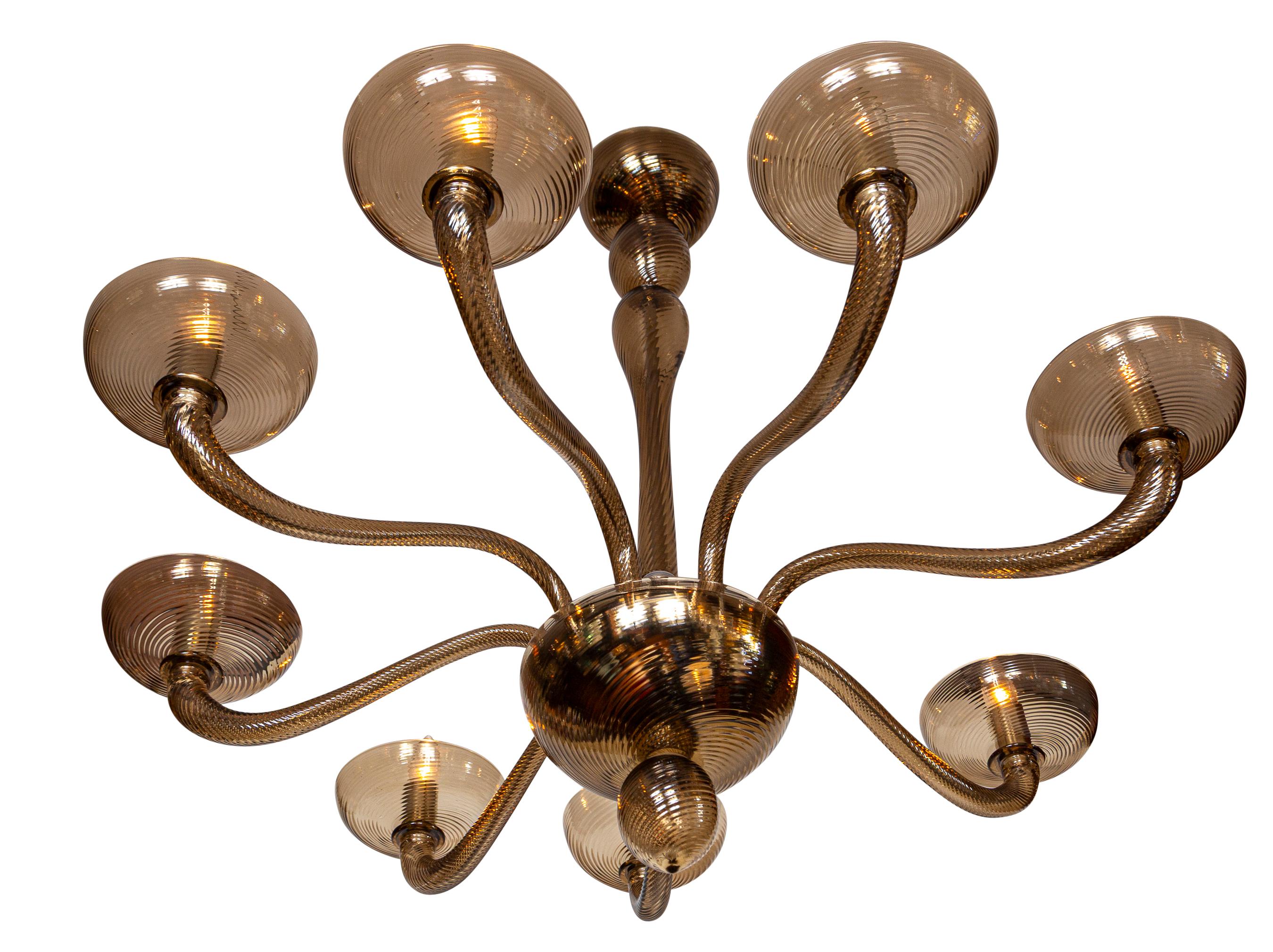 Blown Glass Murano Blown Eight Arm Tobacco Swirl Chandelier For Sale