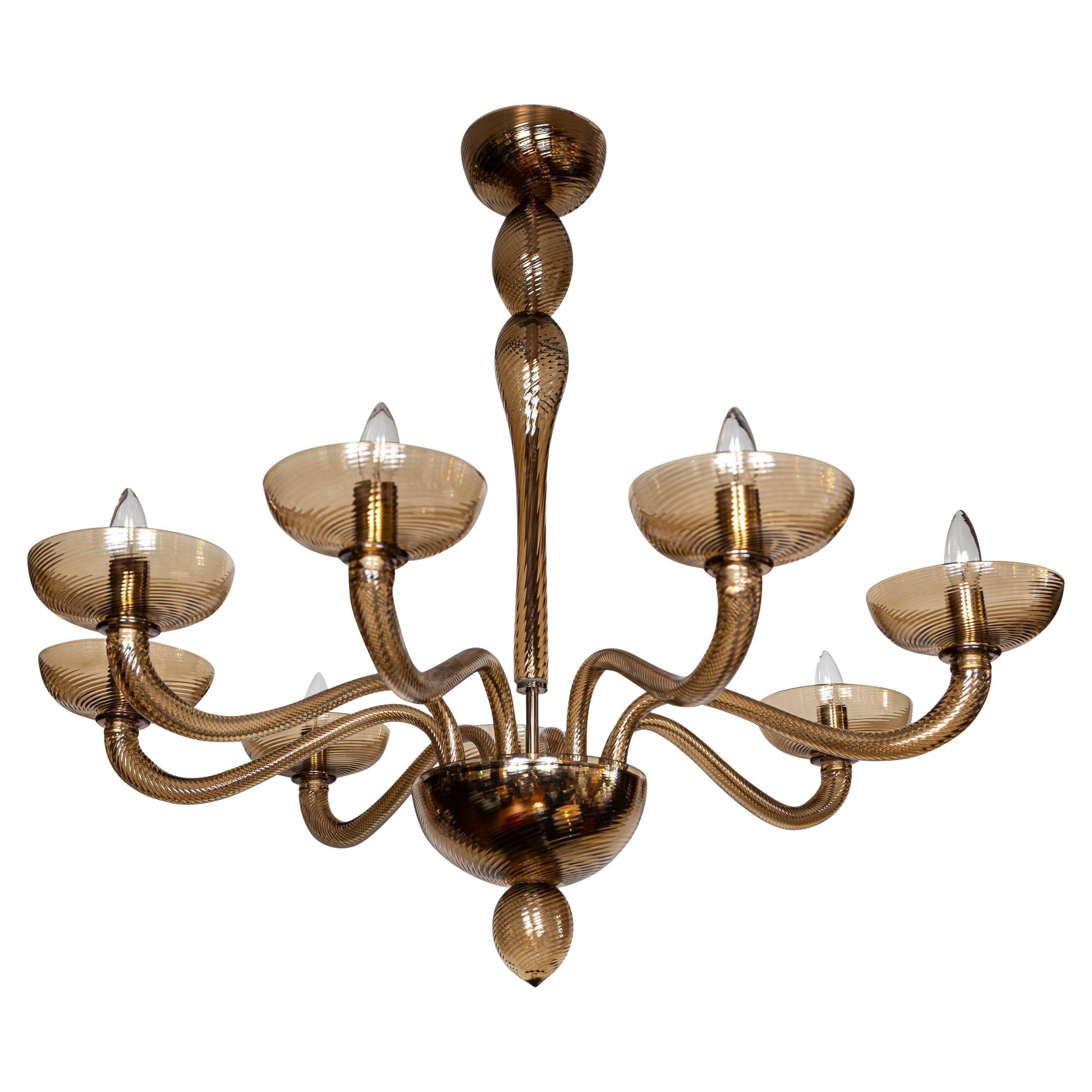 Murano Blown Eight Arm Tobacco Swirl Chandelier For Sale