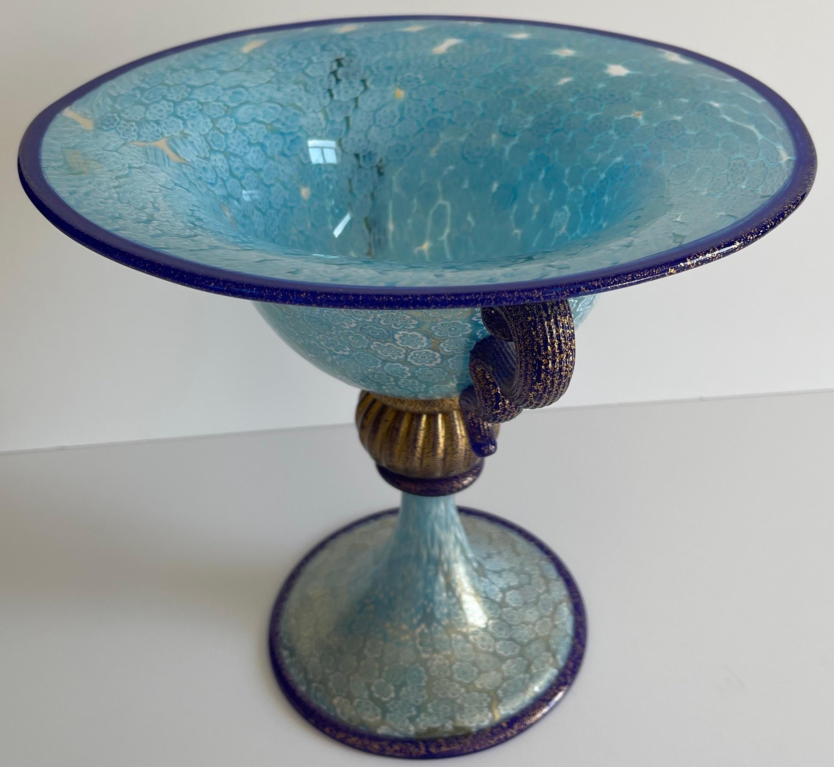 Murano Gambaro & Poggi Blown Glass Blue Millefiori Footed Bowl For Sale 5