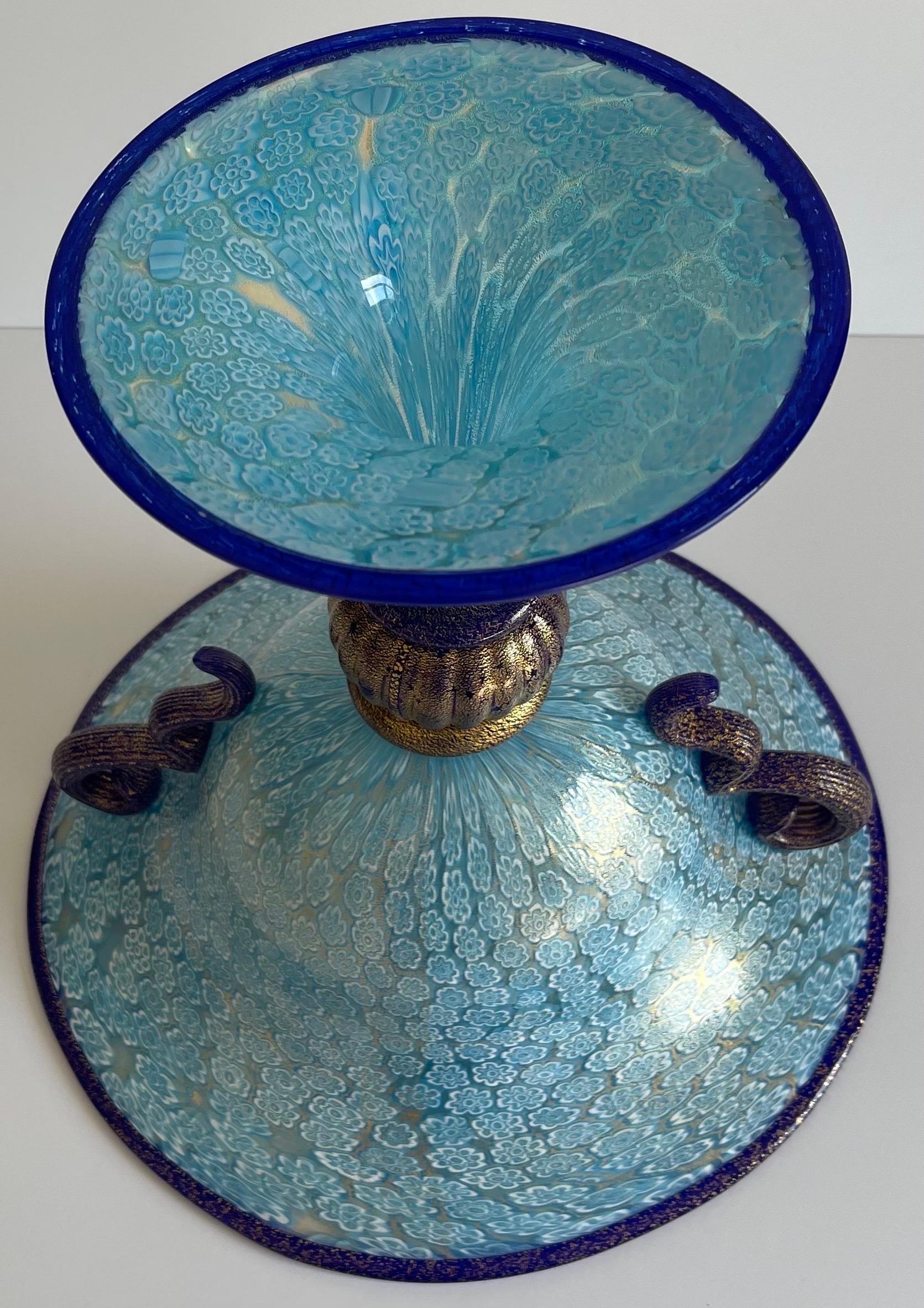 Murano Gambaro & Poggi Blown Glass Blue Millefiori Footed Bowl For Sale 6