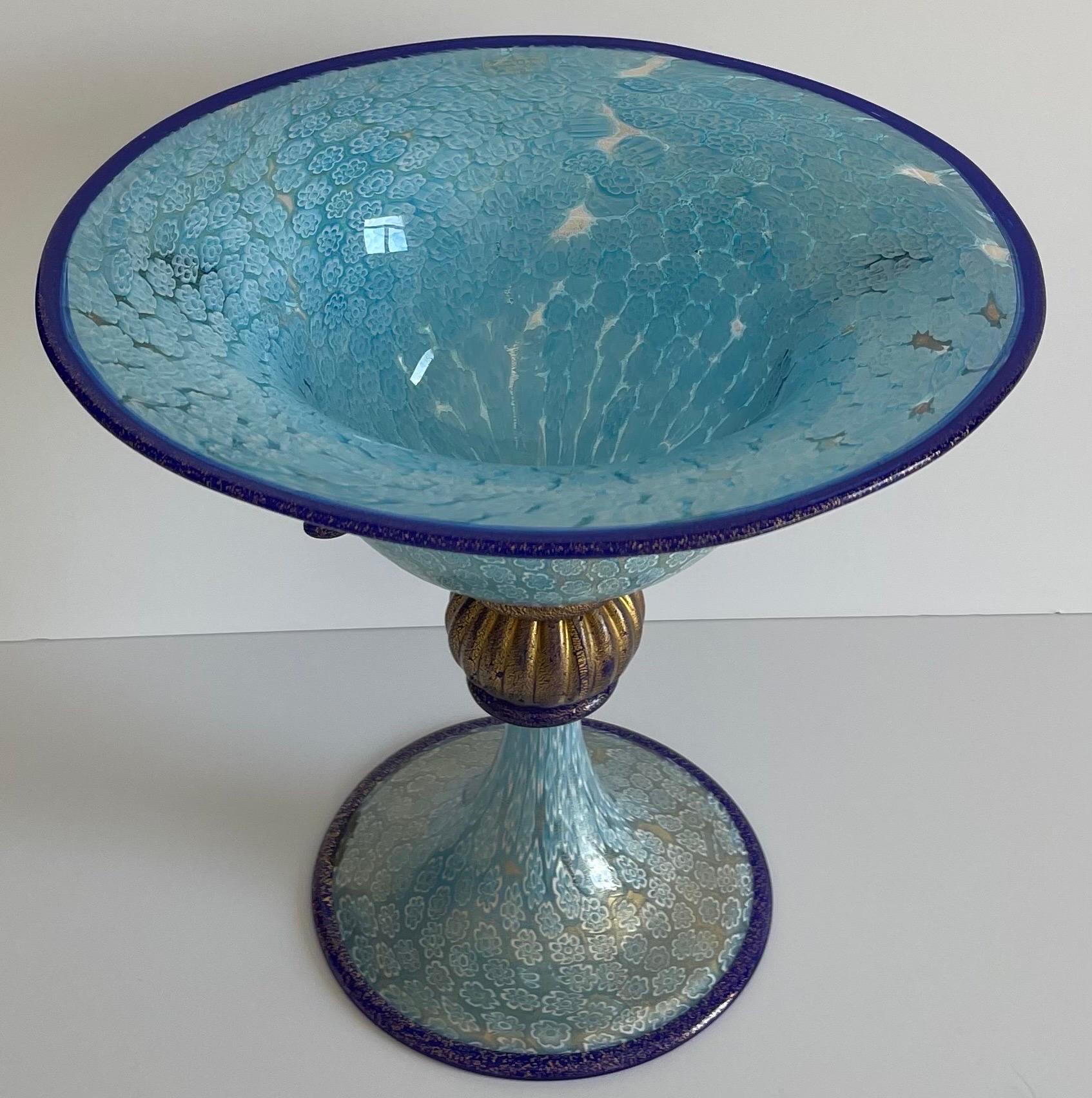 Hollywood Regency Murano Gambaro & Poggi Blown Glass Blue Millefiori Footed Bowl For Sale