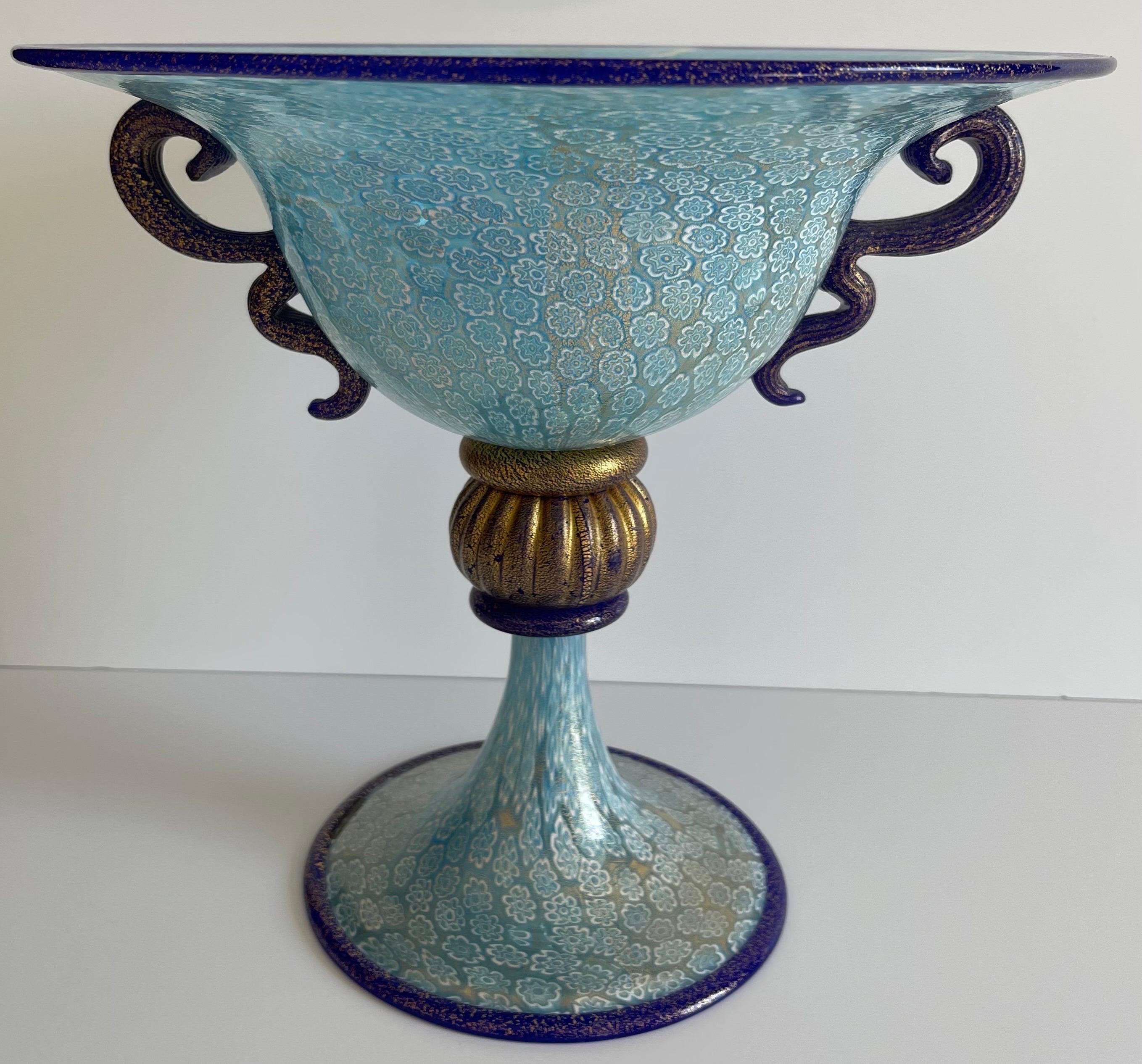 Italian Murano Gambaro & Poggi Blown Glass Blue Millefiori Footed Bowl For Sale