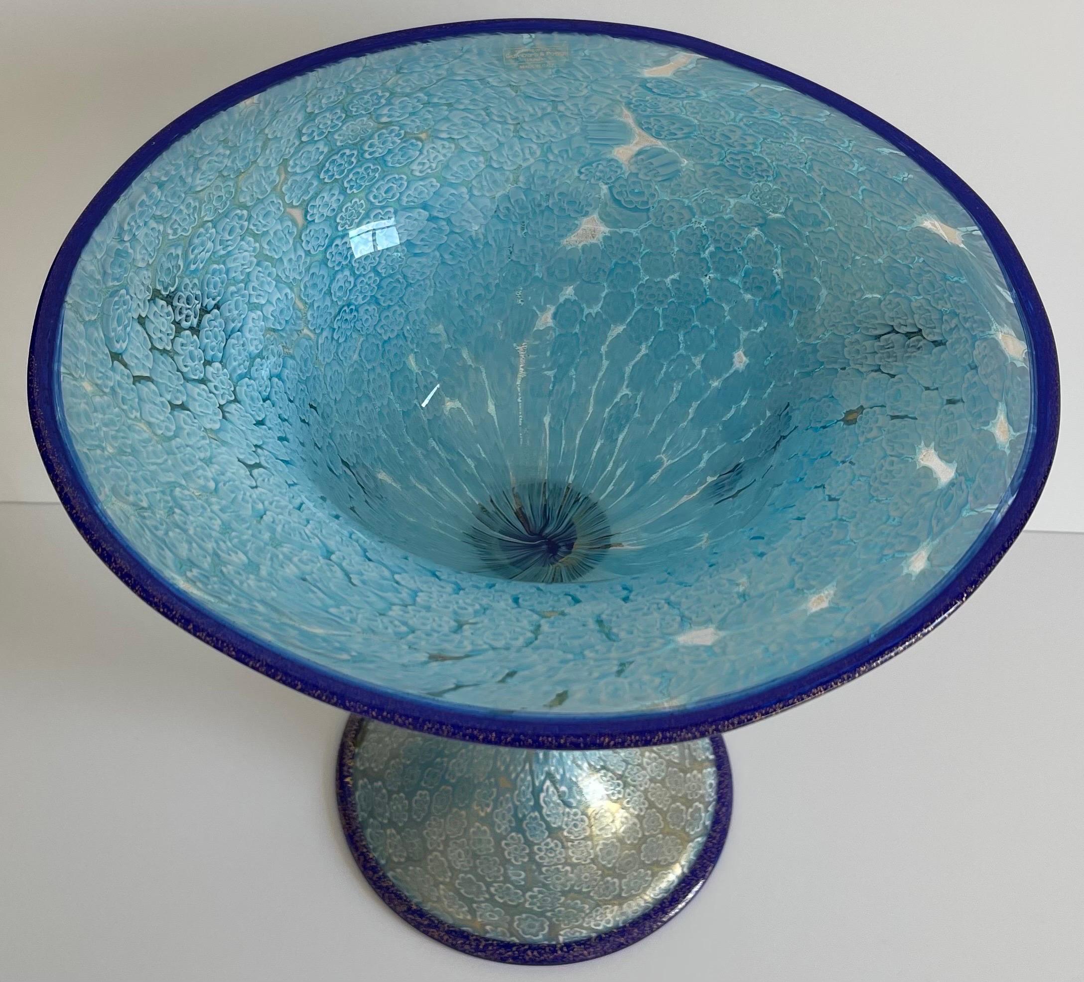 Late 20th Century Murano Gambaro & Poggi Blown Glass Blue Millefiori Footed Bowl For Sale