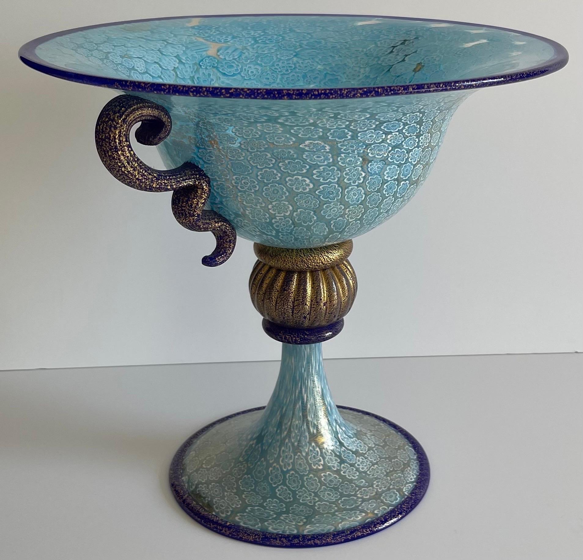 Murano Gambaro & Poggi Blown Glass Blue Millefiori Footed Bowl For Sale 1