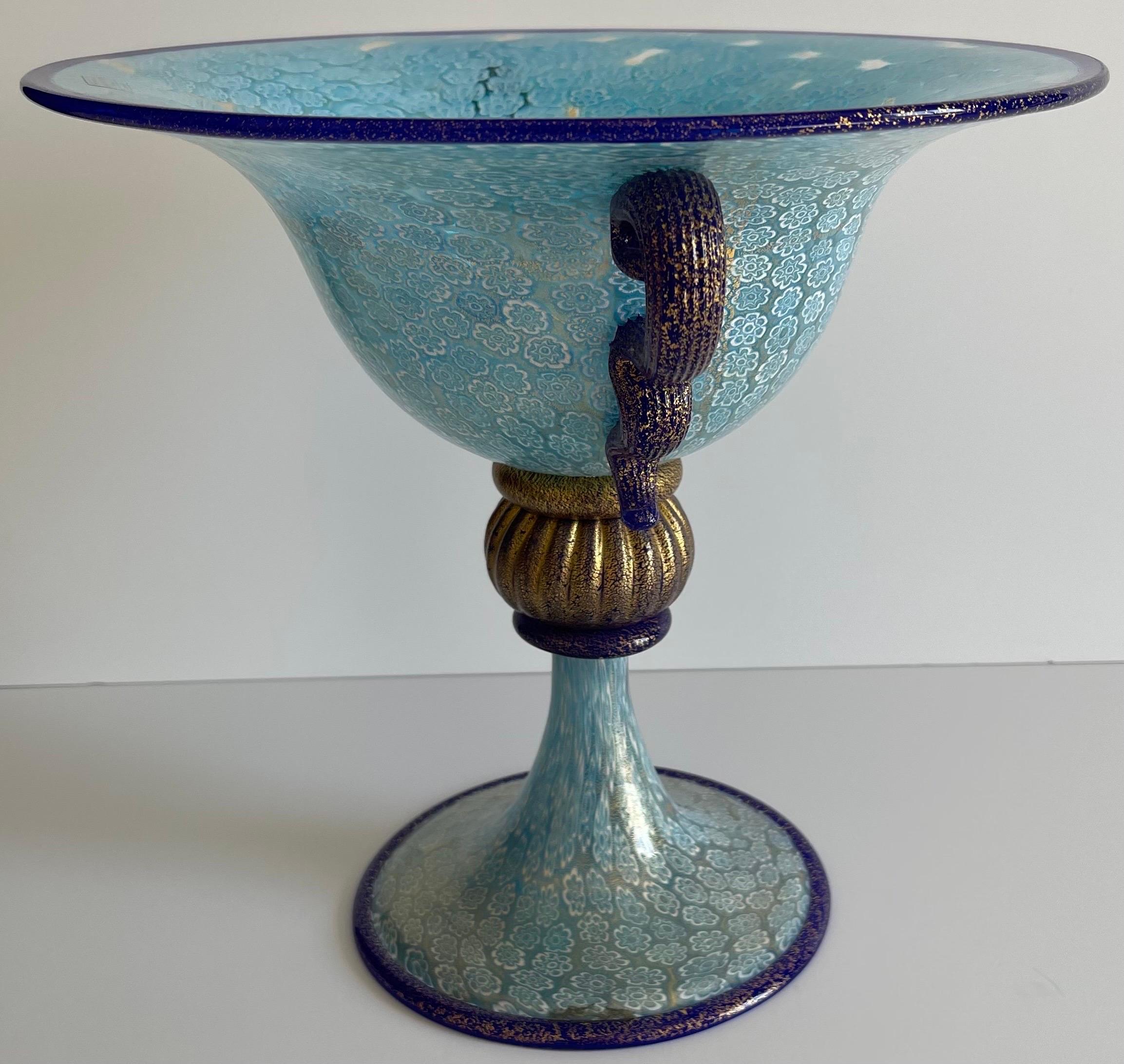 Murano Gambaro & Poggi Blown Glass Blue Millefiori Footed Bowl For Sale 2