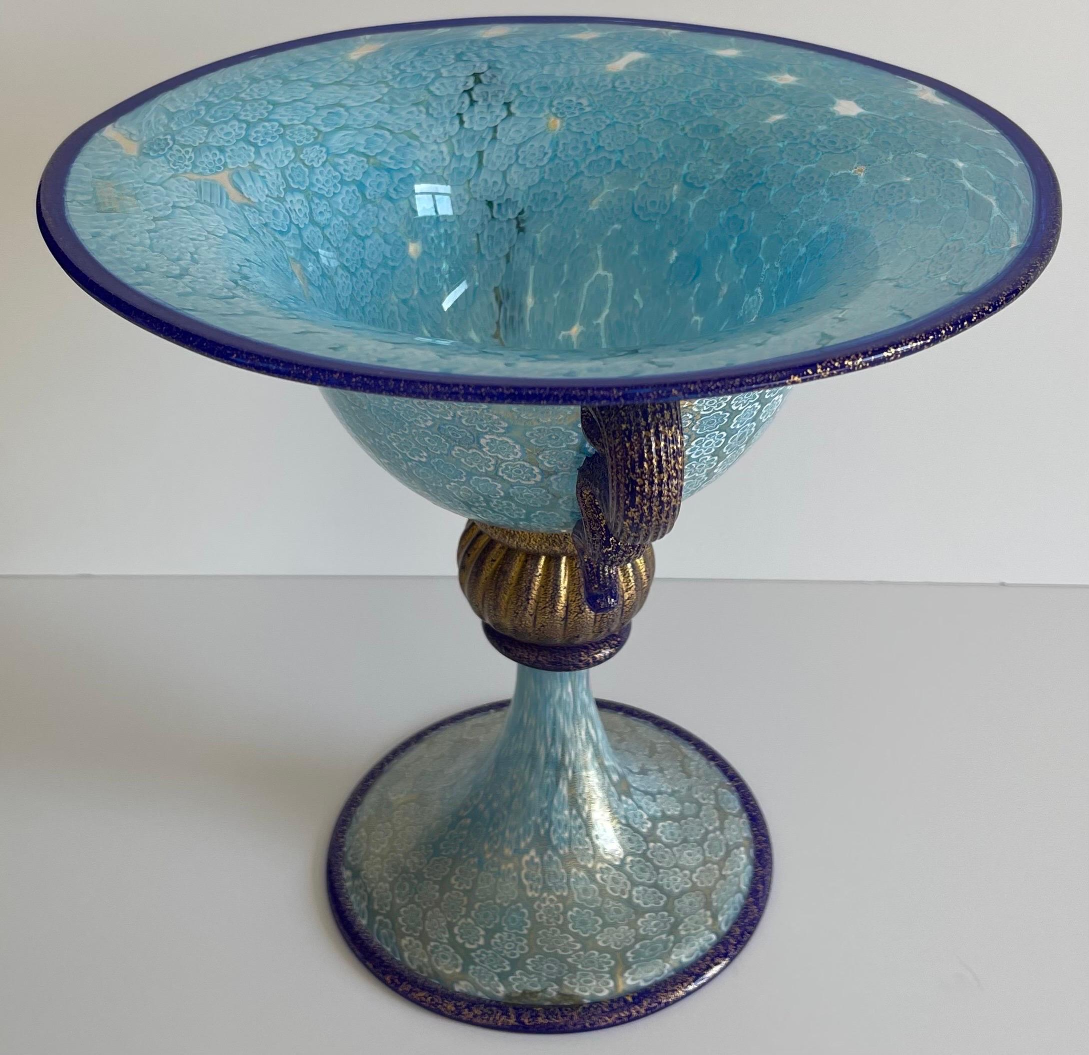 Murano Gambaro & Poggi Blown Glass Blue Millefiori Footed Bowl For Sale 3