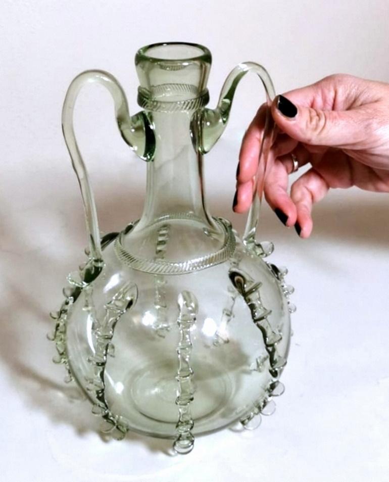 Murano Blown Glass Bottle with Handles and Decorations Applied 6