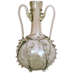 Murano Blown Glass Bottle with Handles and Decorations Applied