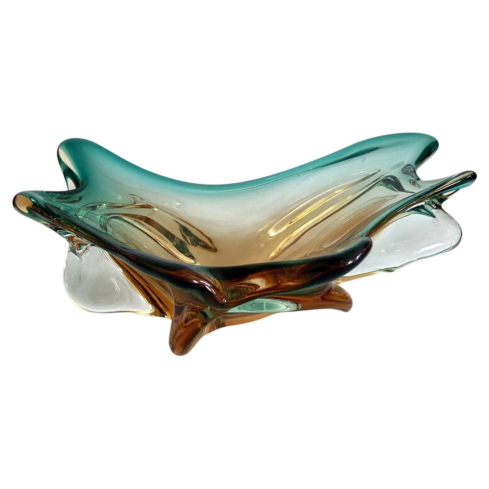 Murano Blown Glass Centerpiece Bowl in Green and Amber, 1970s
