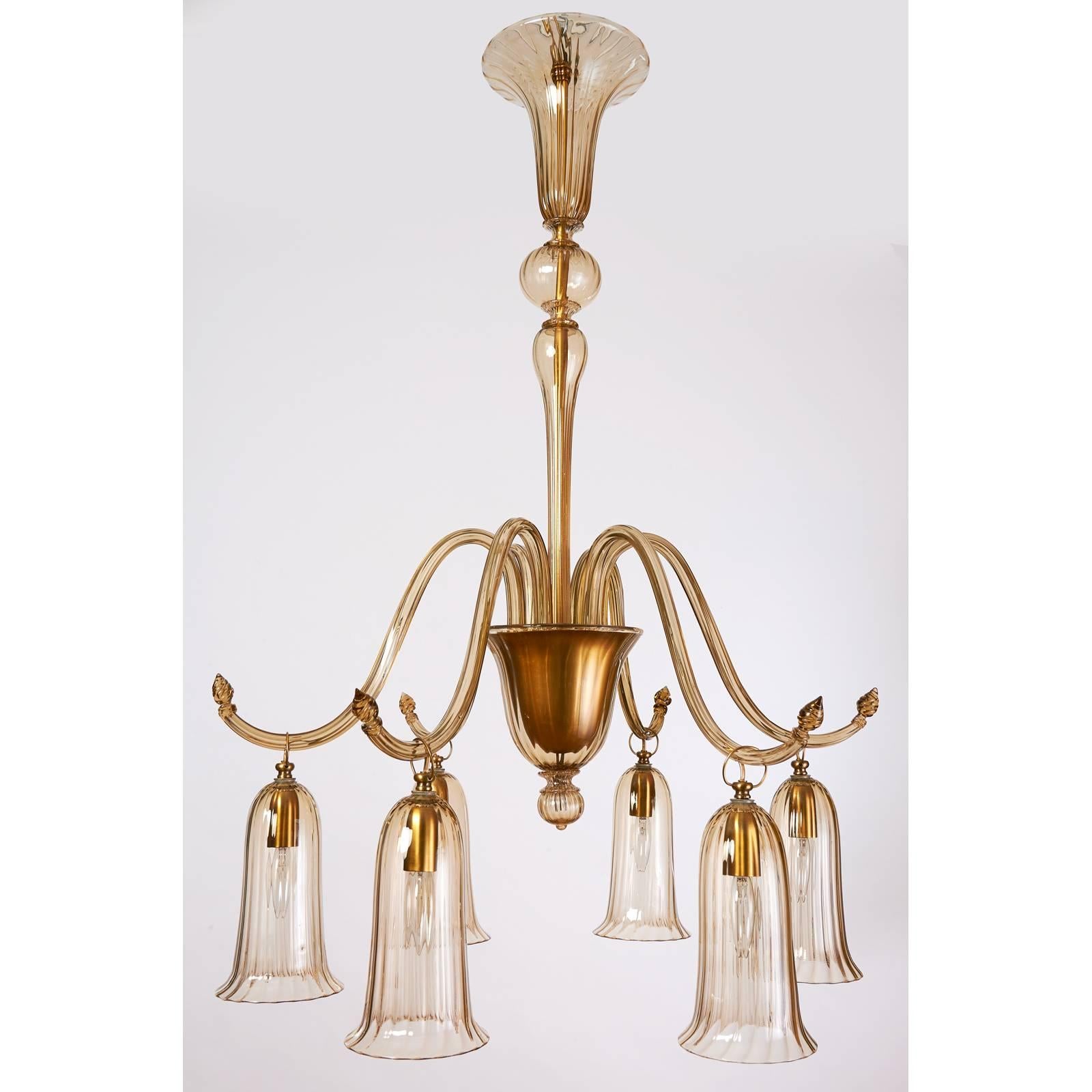 Italian Venini Murano Blown Glass Straw Colored Chandelier, circa 1930