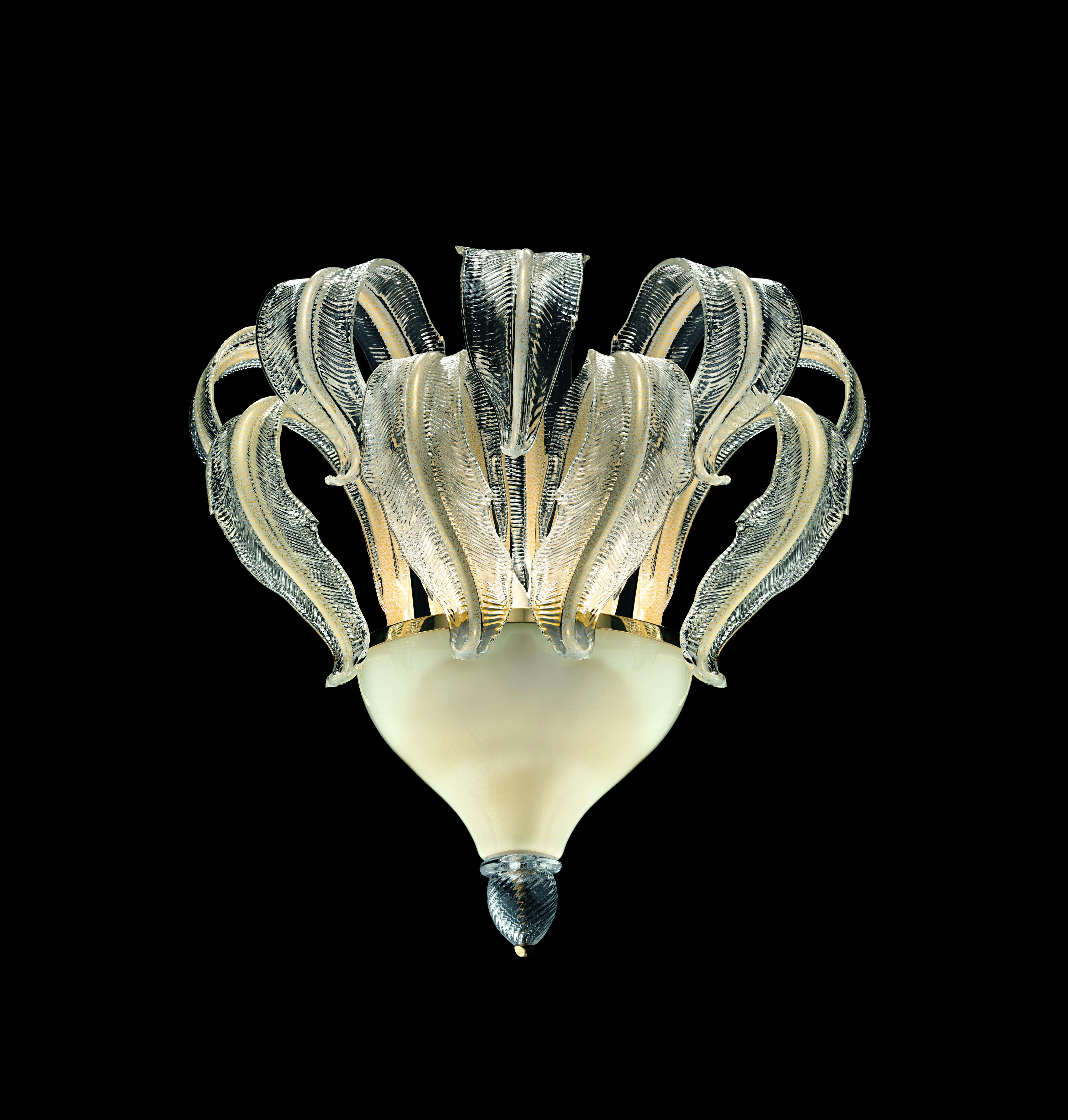 Resumed from drawings of the 20ies and 30ies from our historical archive, these ceiling lamps pay a tribute to the Déco era. With their rich feathers they evoke luxurious and refined settings. Perfect for extremely decorated ambiences as well as,