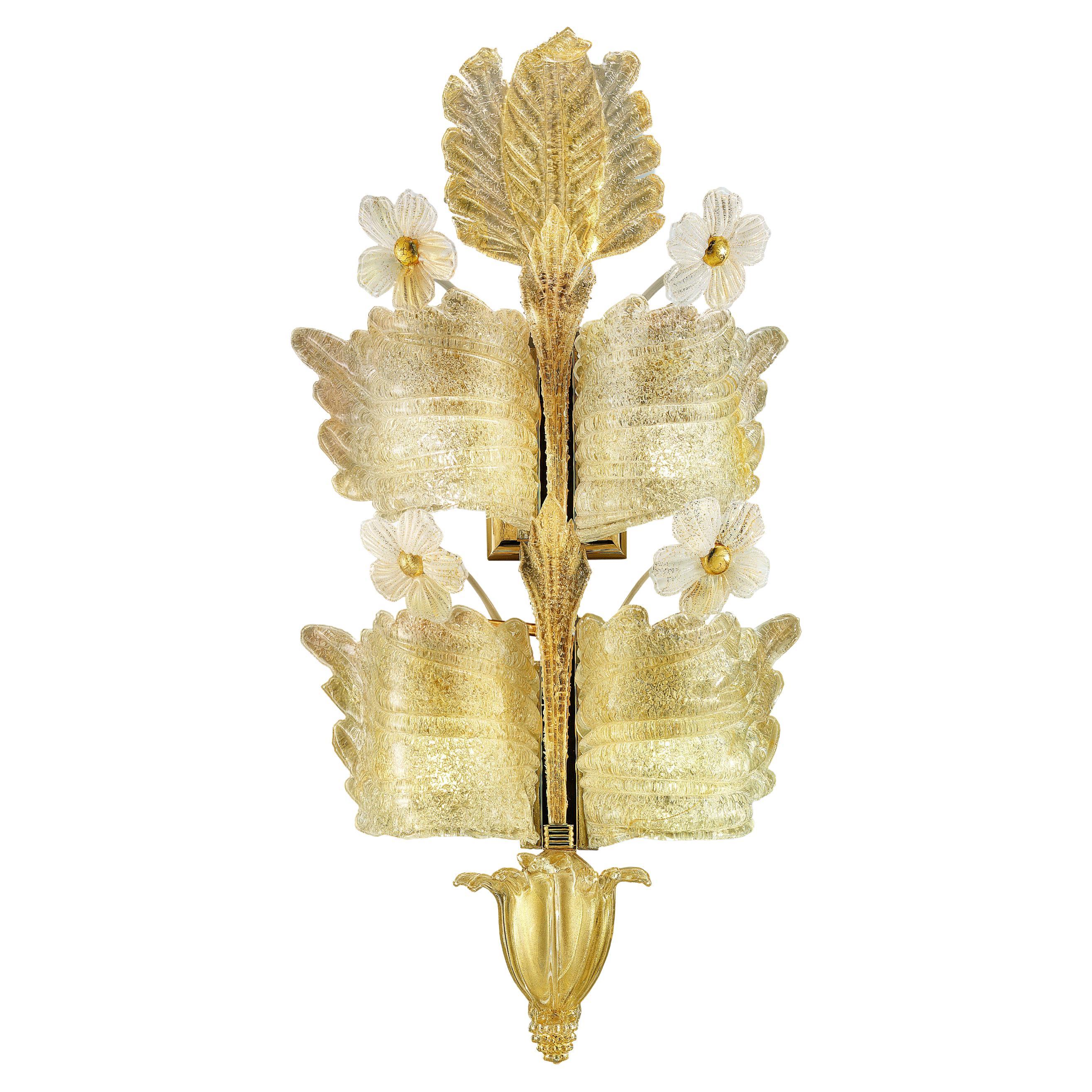 Murano blown Glass Wall Sconce, Gold Rugiada Venetian Crystal