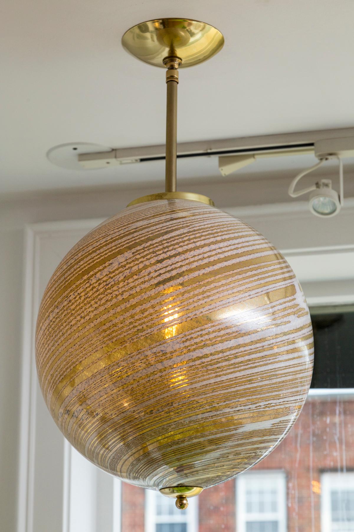 Murano Blown Wheat Gold Swirl Globe Pendant, Contemporary, UL Certified For Sale 4