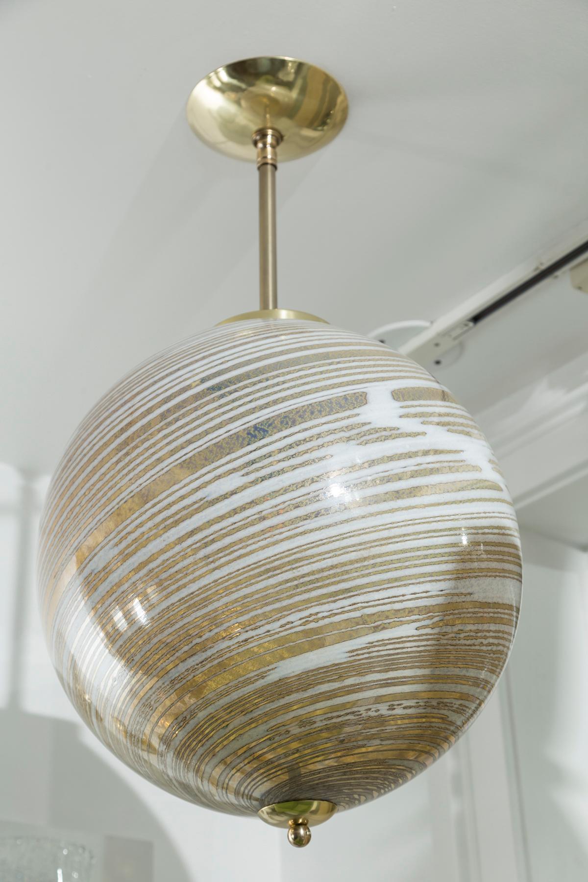 Mid-Century Modern Murano Blown Wheat Gold Swirl Globe Pendant, Contemporary, UL Certified For Sale